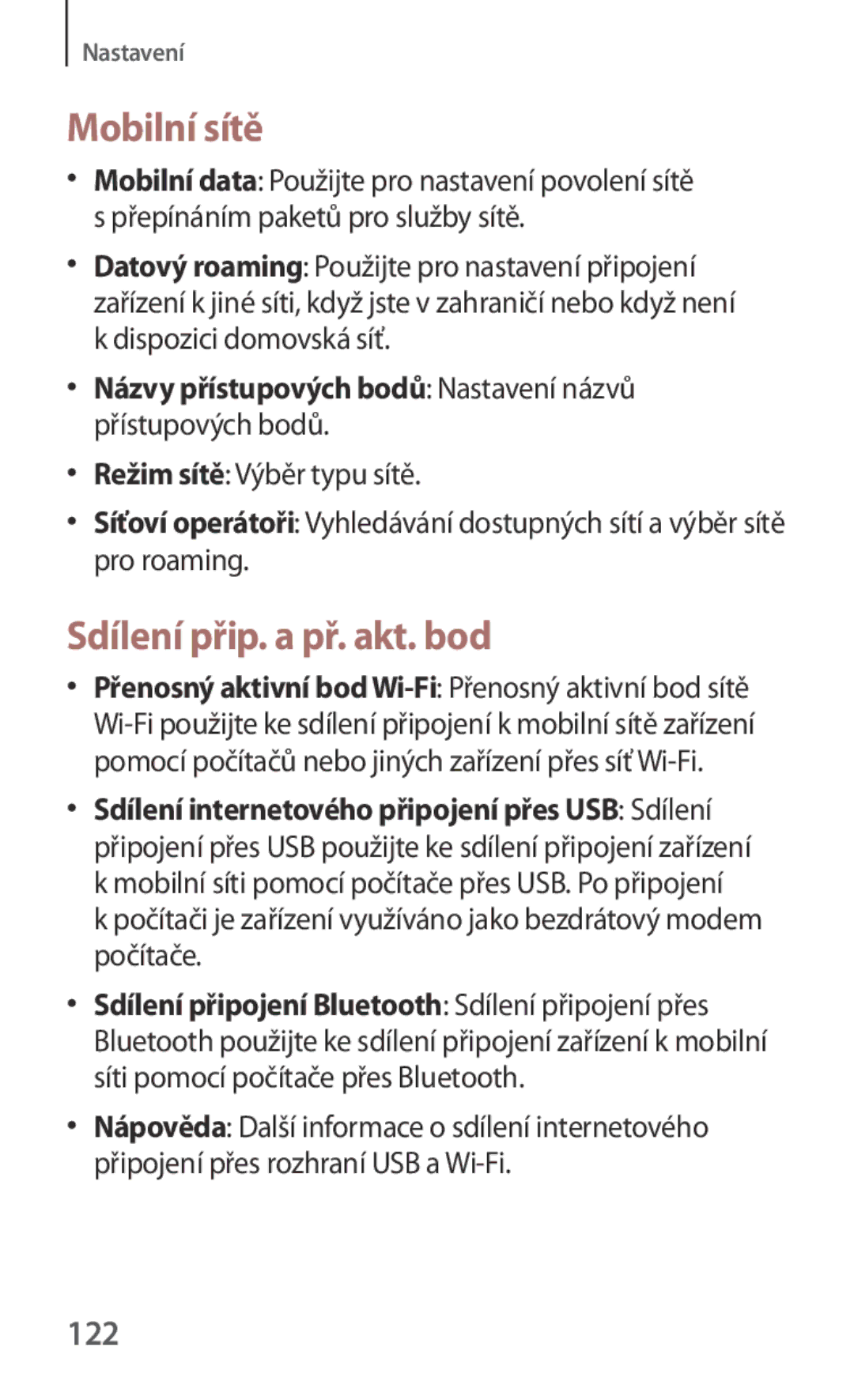 Samsung GT-I8190RWNO2C, GT-I8190MBNTPL, GT-I8190TANIDE, GT-I8190RWACOS manual Mobilní sítě, Sdílení přip. a př. akt. bod, 122 