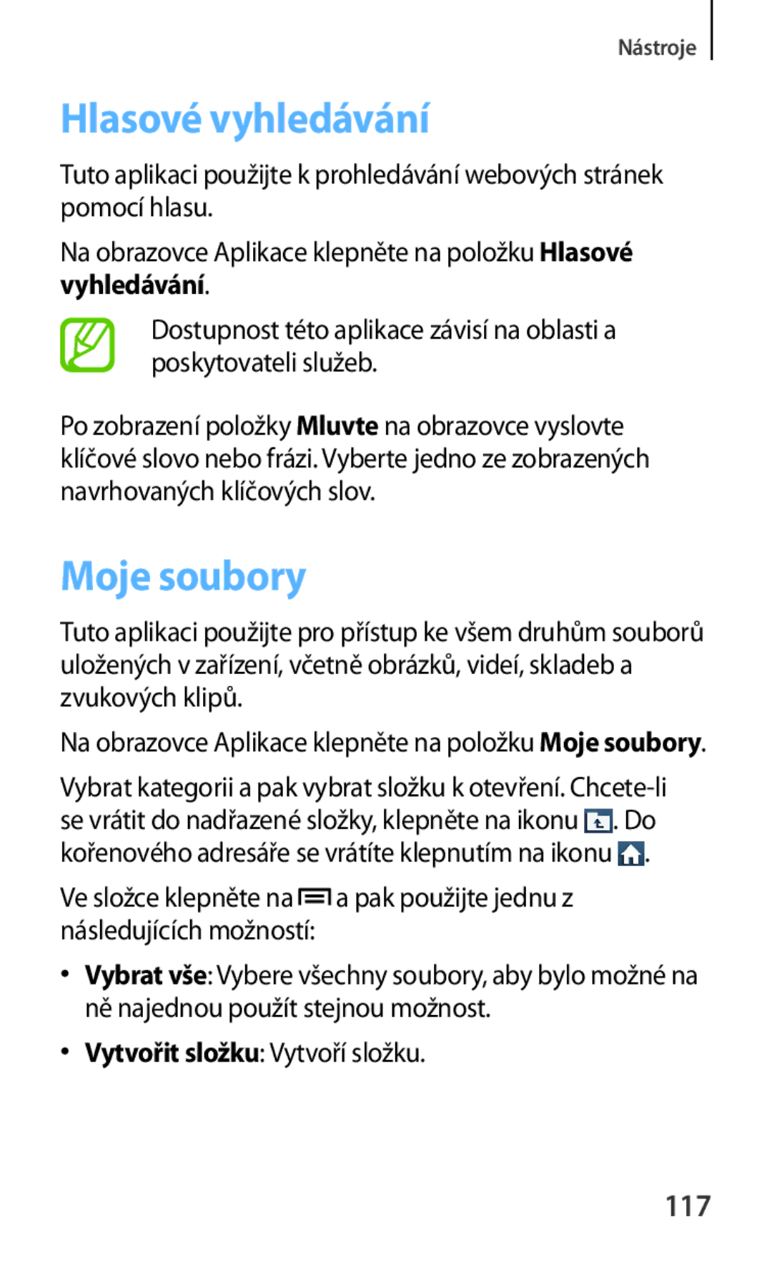 Samsung GT-I8190RWNORS, GT-I8190MBNTPL manual Hlasové vyhledávání, Moje soubory, 117, Vytvořit složku Vytvoří složku 