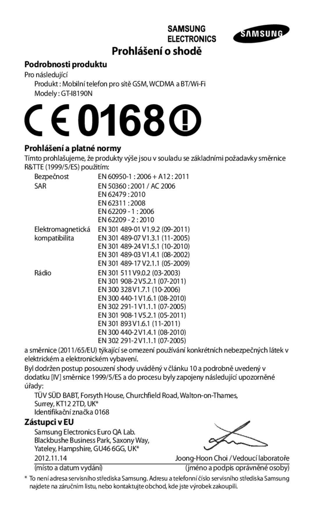 Samsung GT-I8190TANORX, GT-I8190MBNTPL, GT-I8190TANIDE, GT2I8190MBNTMZ manual Prohlášení o shodě, Prohlášení a platné normy 