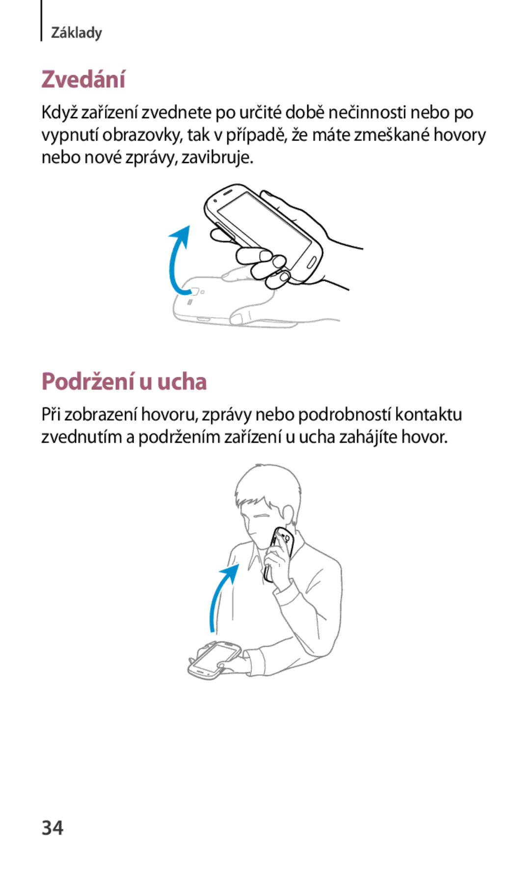 Samsung GT-I8190MBNTPL, GT-I8190TANIDE, GT2I8190MBNTMZ, GT-I8190ZWWVDC, GT-I8190ZWWORX manual Zvedání, Podržení u ucha 