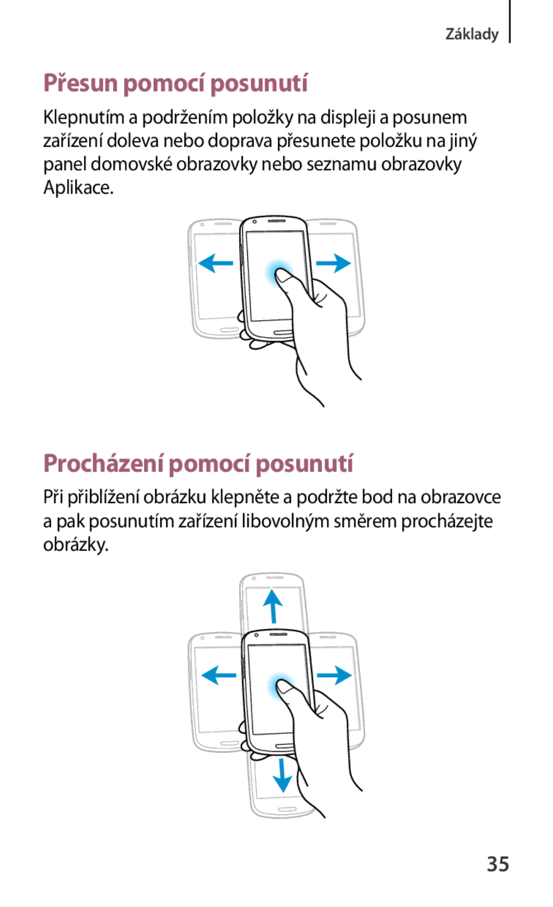 Samsung GT-I8190TANIDE, GT-I8190MBNTPL, GT2I8190MBNTMZ, GT-I8190ZWWVDC Přesun pomocí posunutí, Procházení pomocí posunutí 