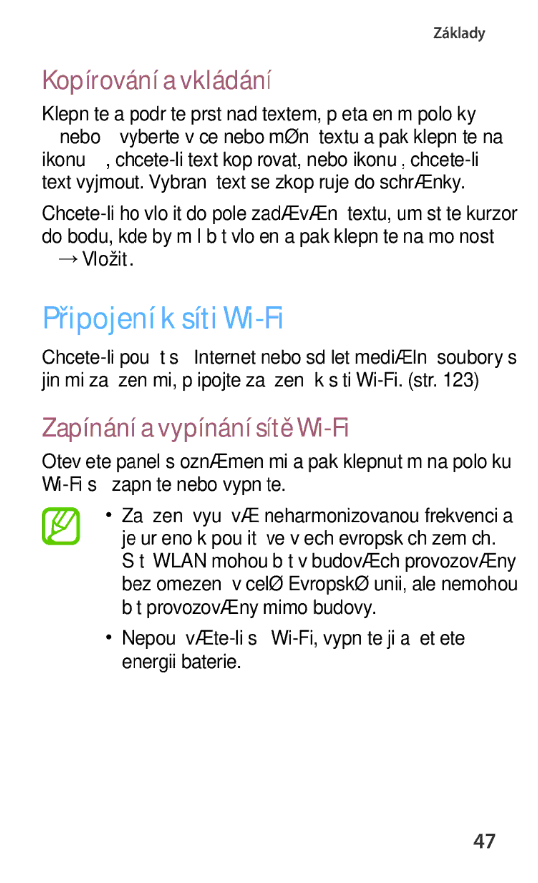 Samsung GT-I8190TANETL manual Připojení k síti Wi-Fi, Kopírování a vkládání, Zapínání a vypínání sítě Wi-Fi, →Vložit 