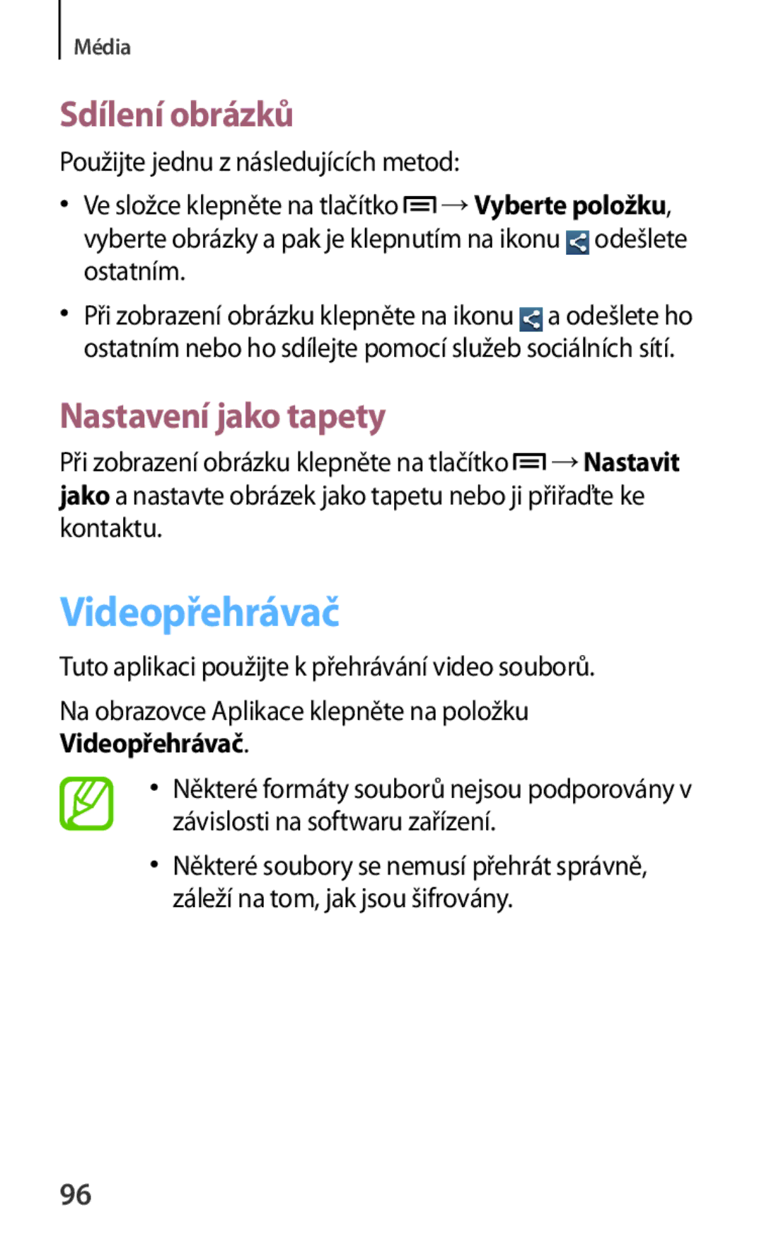 Samsung GT-I8190GRNORX, GT-I8190MBNTPL, GT-I8190TANIDE manual Videopřehrávač, Sdílení obrázků, Nastavení jako tapety 