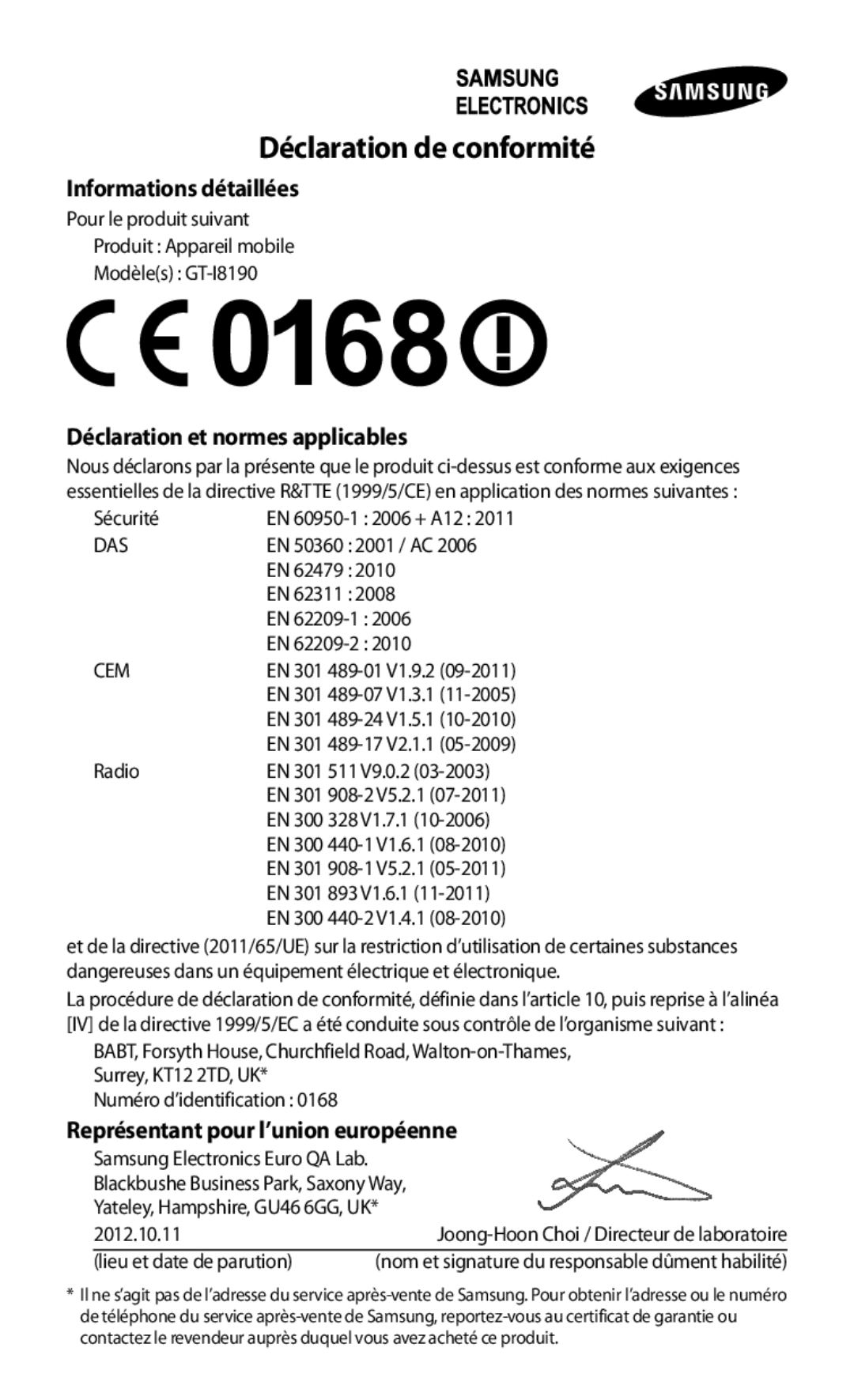 Samsung GT-I8190RWABOG Informations détaillées, Déclaration et normes applicables, Représentant pour l’union européenne 