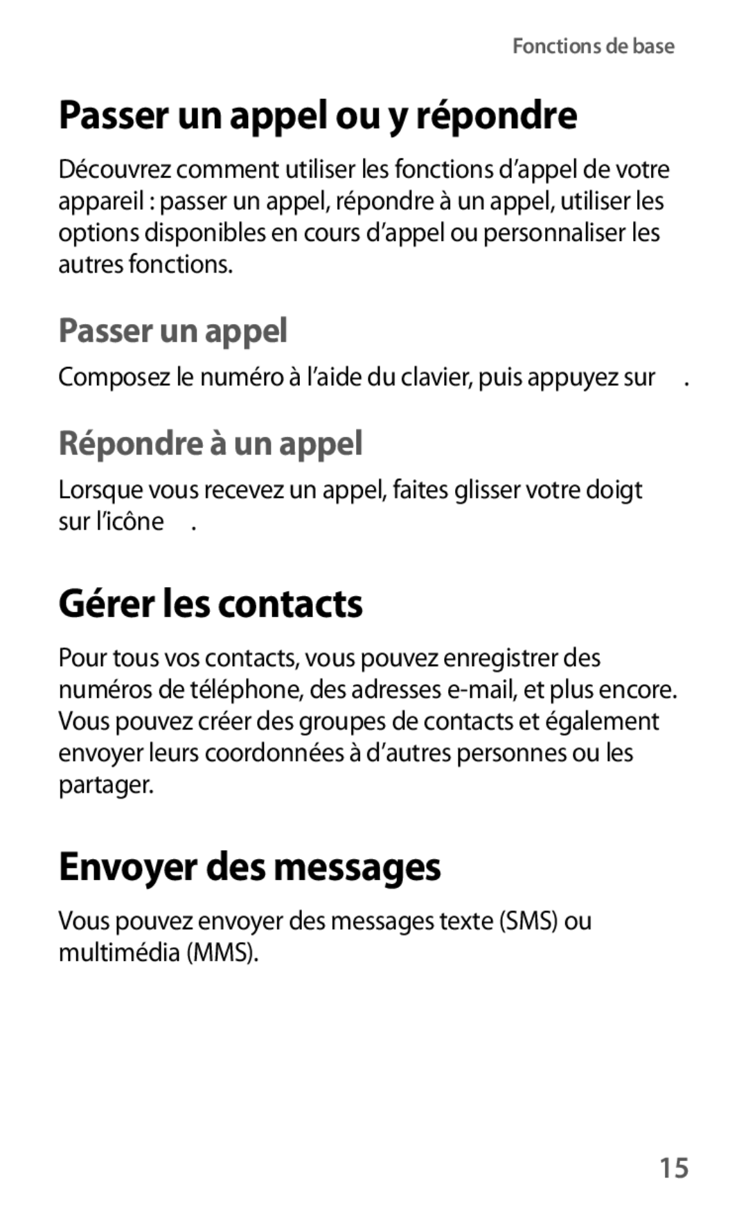 Samsung GT-I8190MBAFTM, GT-I8190RWABOG manual Passer un appel ou y répondre, Gérer les contacts, Envoyer des messages 