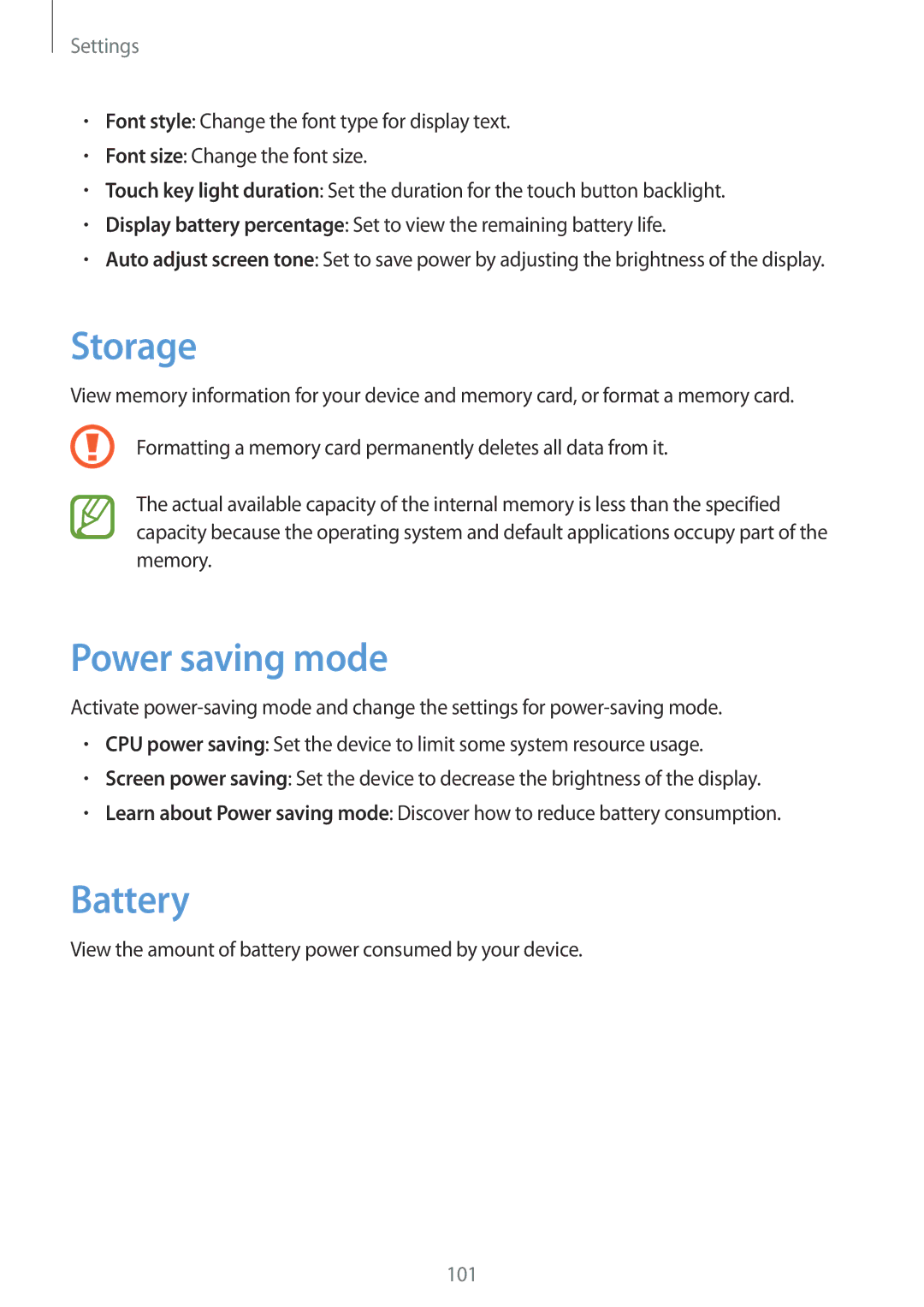 Samsung GT-I8190MBNATL manual Storage, Power saving mode, Battery, View the amount of battery power consumed by your device 