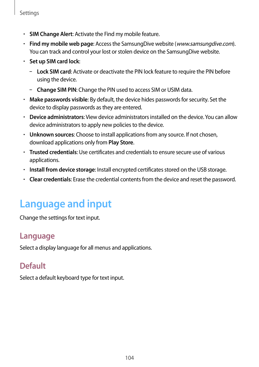 Samsung GT-I8190ZWWORX, GT-I8190RWNDTM, GT-I8190RWNDBT, GT-I8190MBNTPL Language and input, Default, Set up SIM card lock 