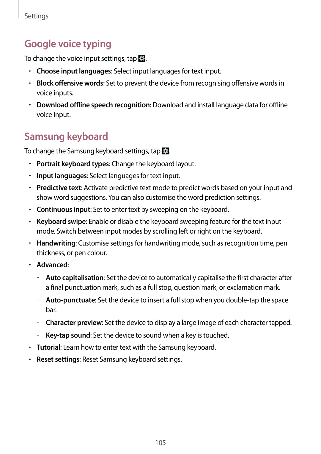 Samsung GT-I8190OKNETL, GT-I8190RWNDTM, GT-I8190RWNDBT, GT-I8190MBNTPL manual Google voice typing, Samsung keyboard, Advanced 