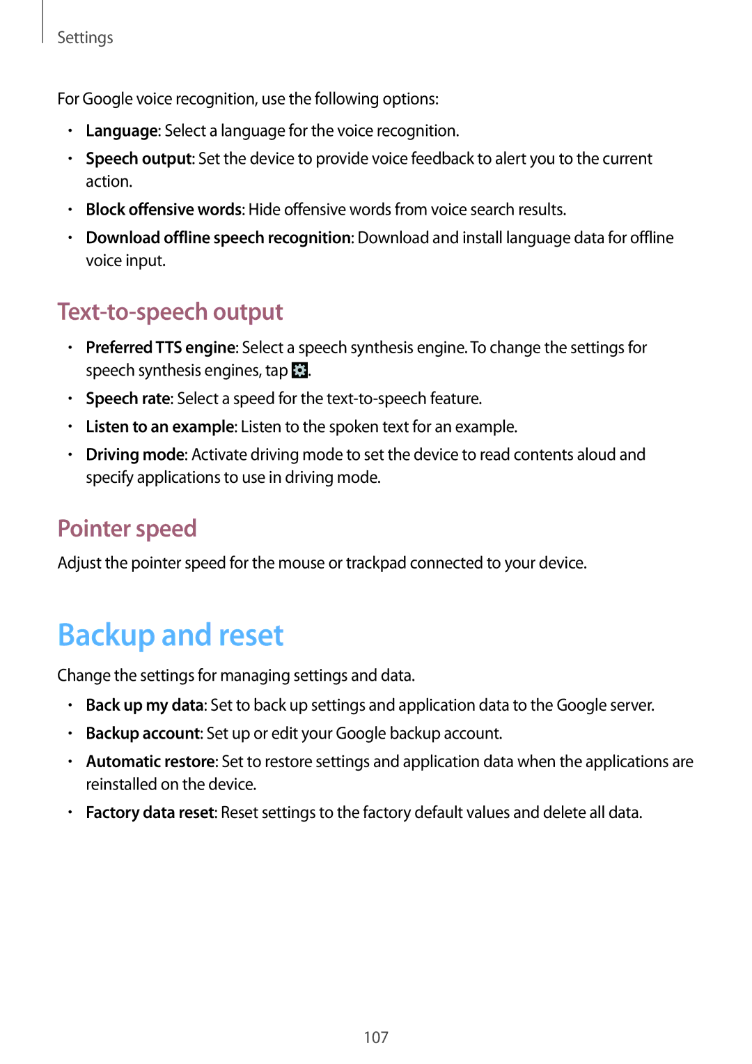 Samsung GT-I8190MBNETL, GT-I8190RWNDTM, GT-I8190RWNDBT manual Backup and reset, Text-to-speech output, Pointer speed 