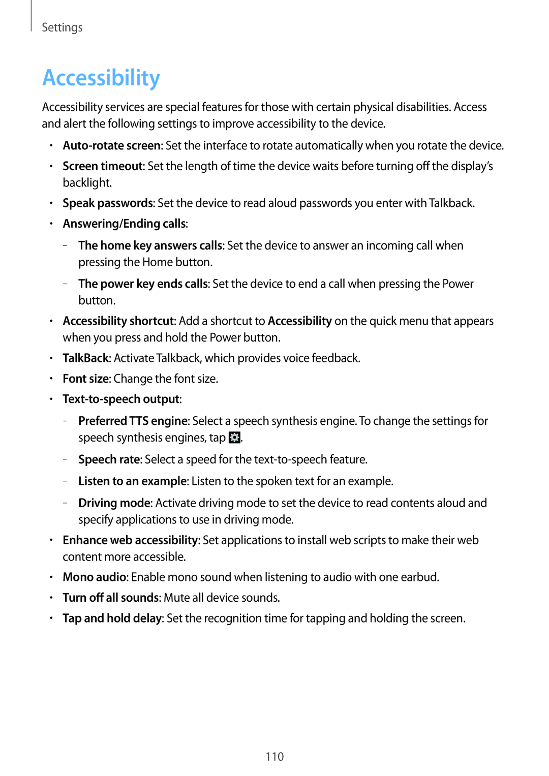 Samsung GT-I8190GRNTMZ, GT-I8190RWNDTM, GT-I8190RWNDBT manual Accessibility, Answering/Ending calls, Text-to-speech output 