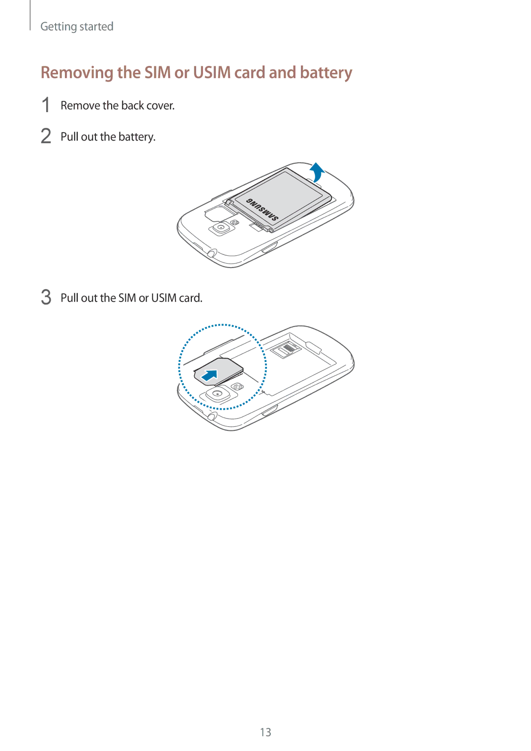 Samsung GT-I8190RWNNRJ, GT-I8190RWNDTM manual Removing the SIM or Usim card and battery, Pull out the SIM or Usim card 