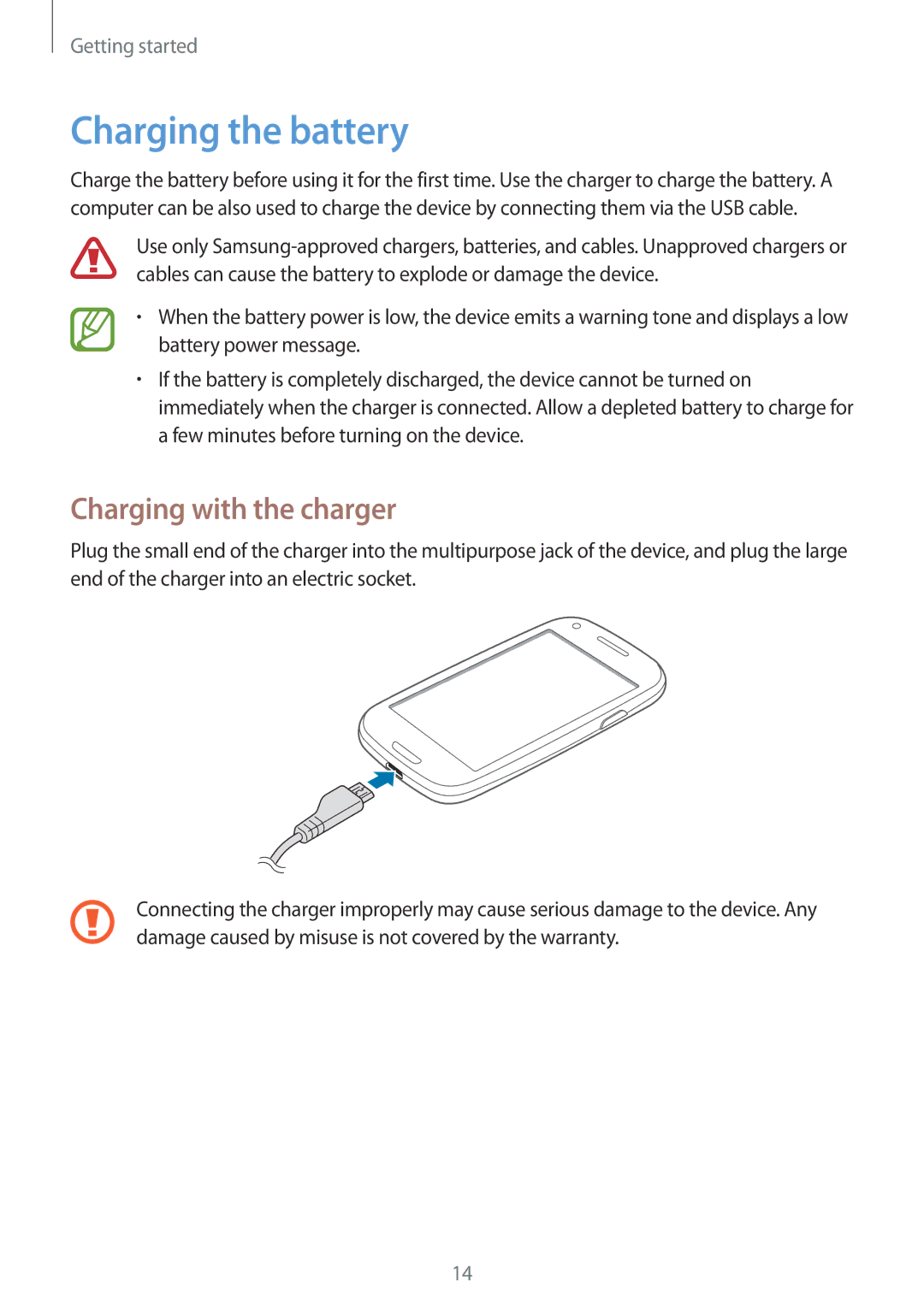 Samsung GT-I8190RWNLPM, GT-I8190RWNDTM, GT-I8190RWNDBT, GT-I8190MBNTPL manual Charging the battery, Charging with the charger 