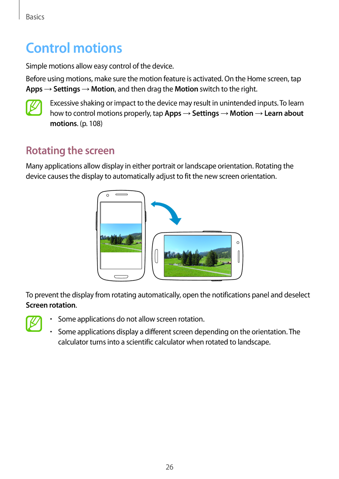 Samsung GT-I8190MBNAMN manual Control motions, Rotating the screen, Simple motions allow easy control of the device 