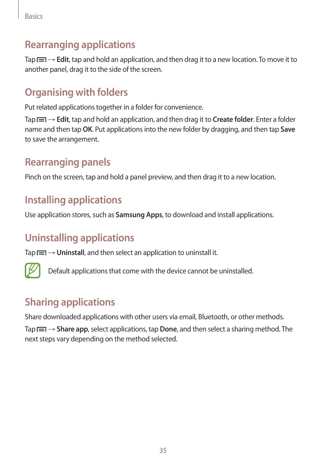 Samsung GT-I8190ZWWORX Rearranging applications, Organising with folders, Installing applications, Sharing applications 