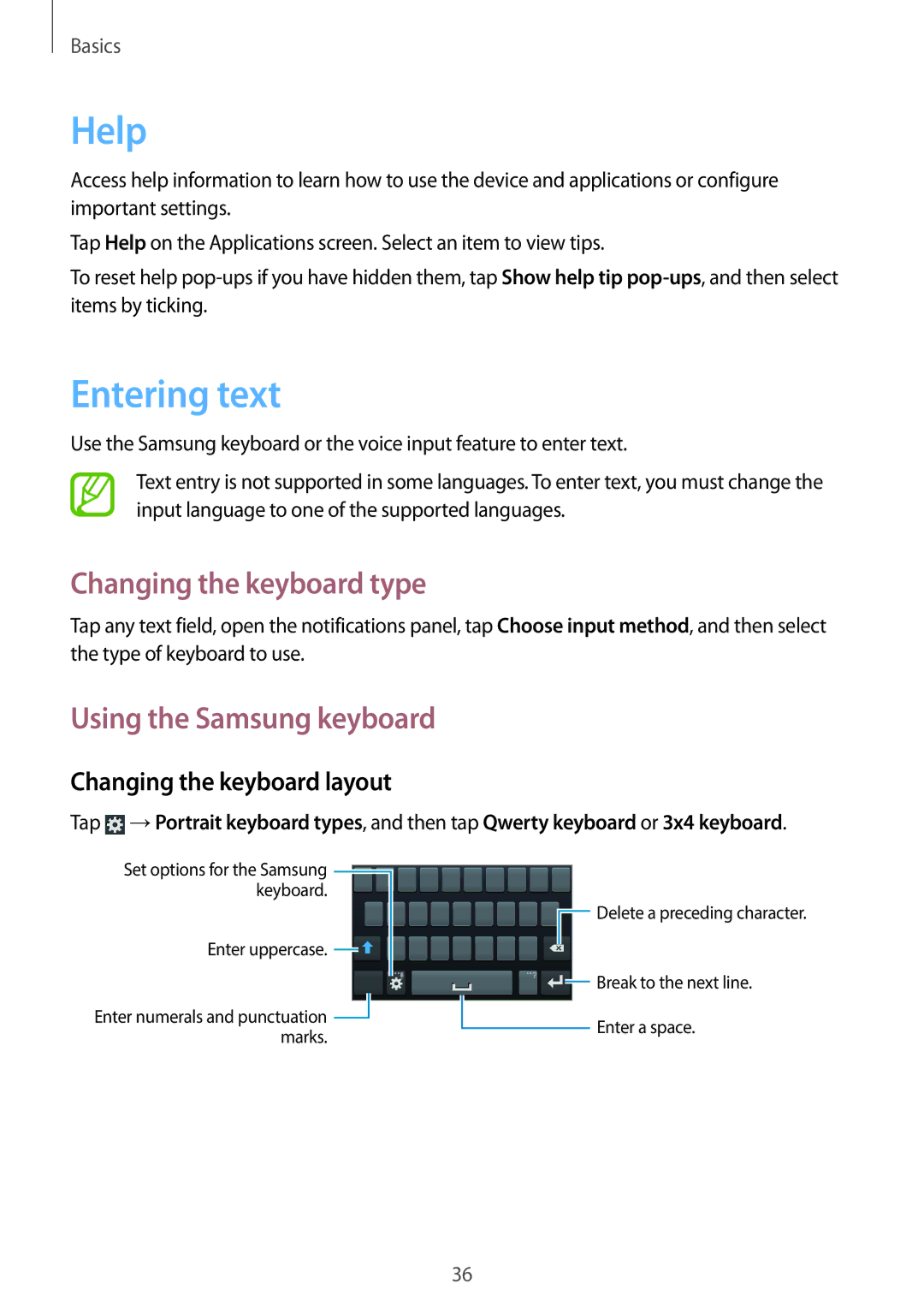 Samsung GT-I8190OKNETL, GT-I8190RWNDTM manual Help, Entering text, Changing the keyboard type, Using the Samsung keyboard 