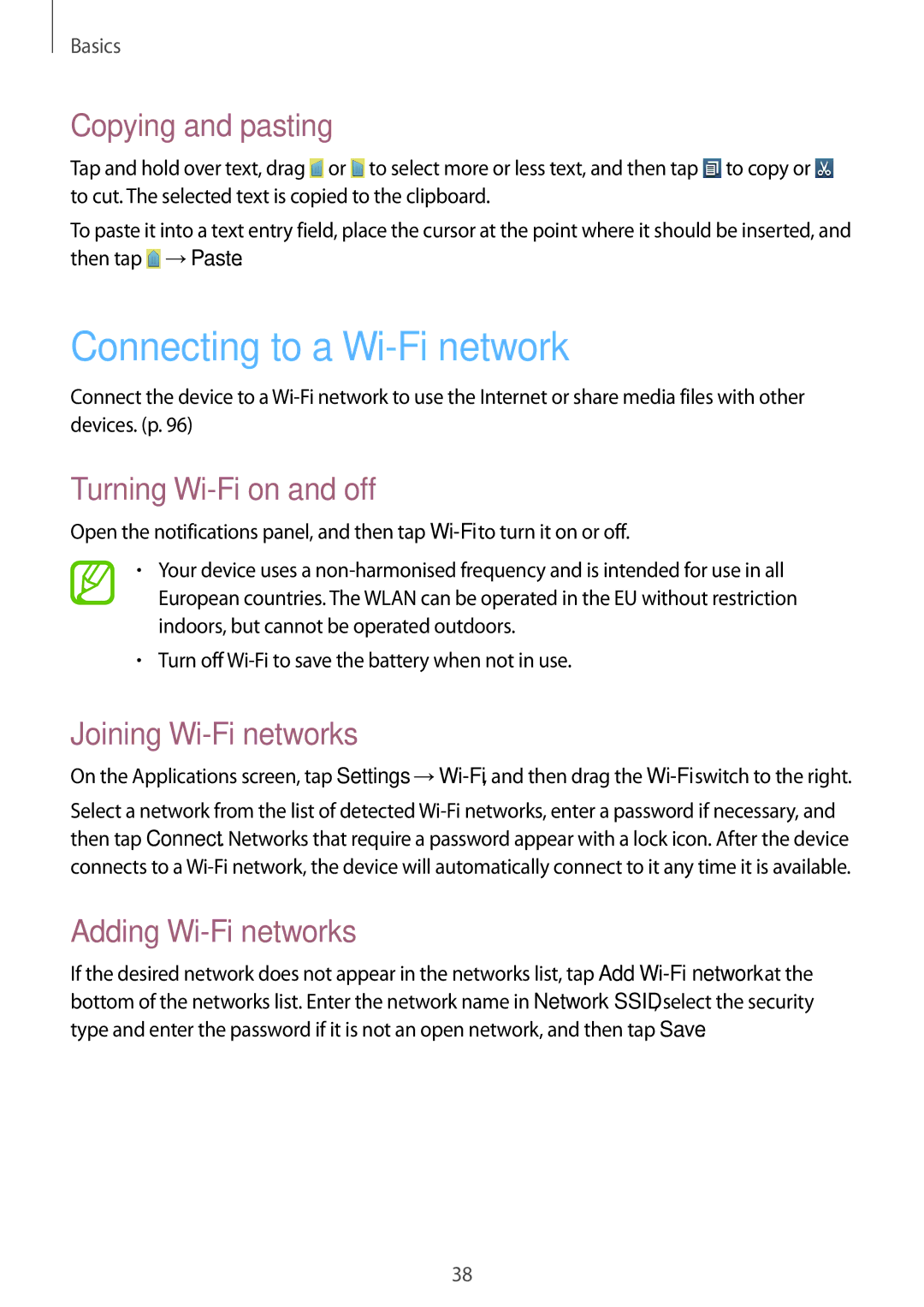 Samsung GT-I8190MBNETL Connecting to a Wi-Fi network, Copying and pasting, Turning Wi-Fi on and off, Adding Wi-Fi networks 