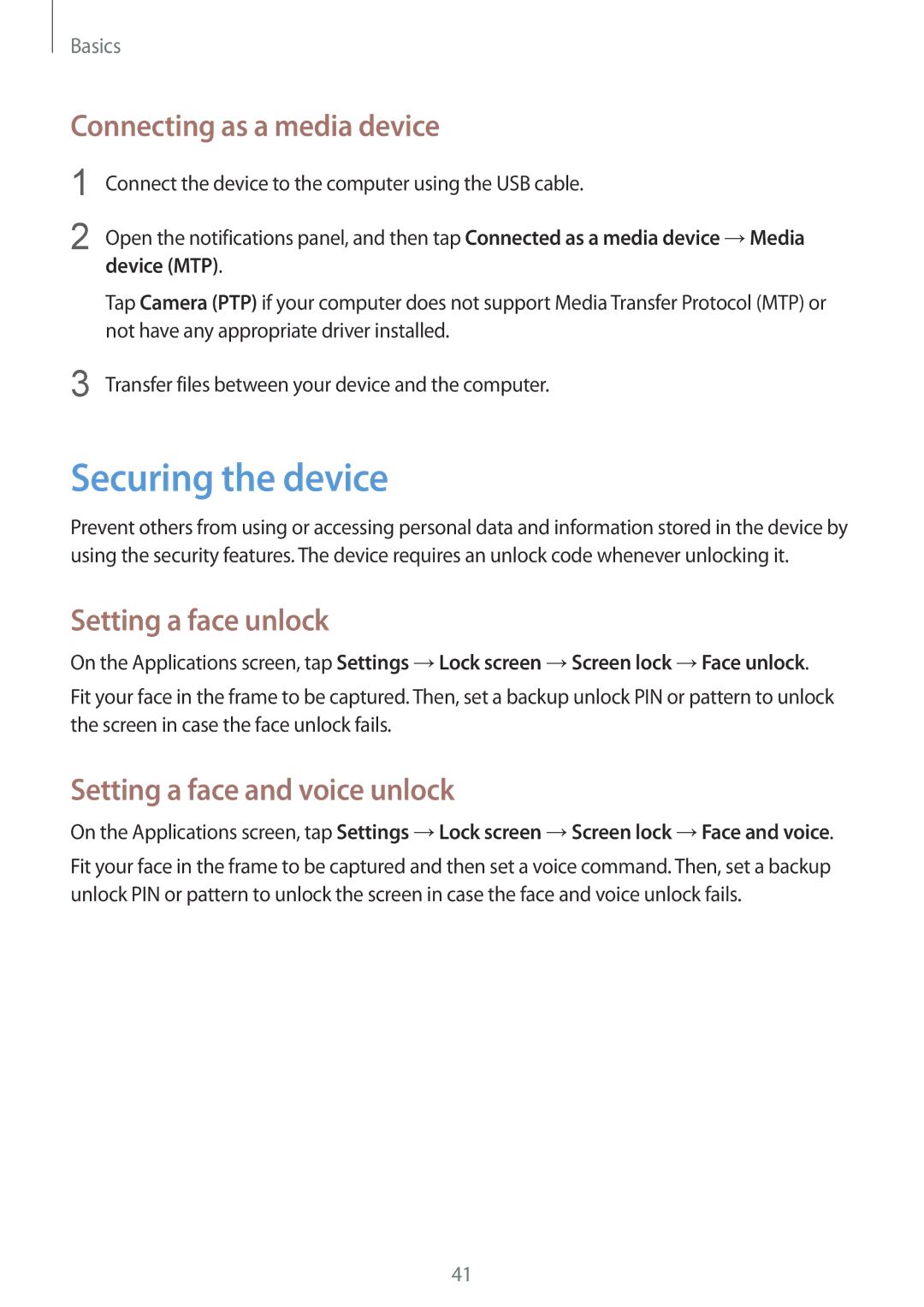 Samsung GT-I8190GRNTMZ manual Securing the device, Connecting as a media device, Setting a face unlock, Device MTP 