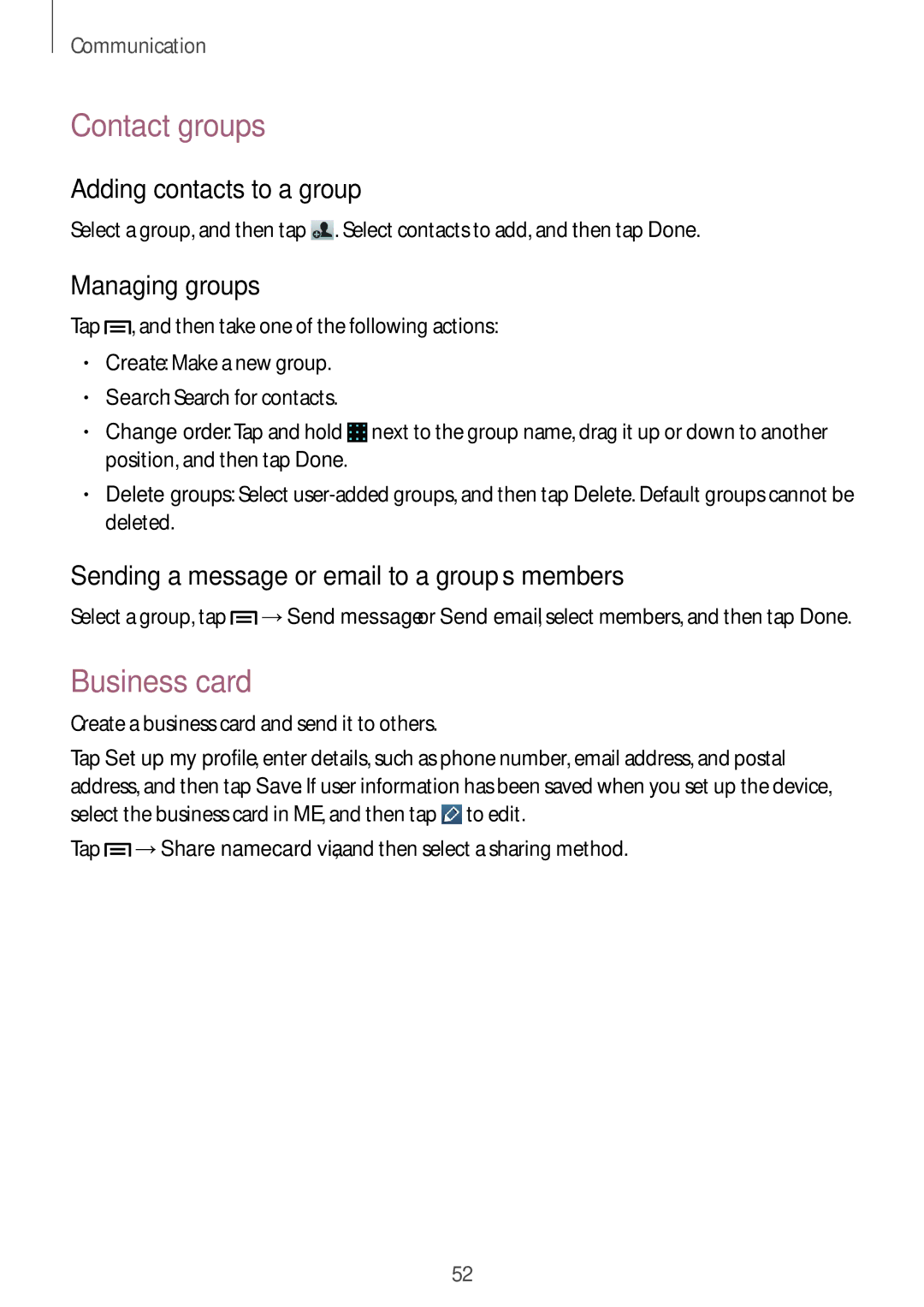Samsung GT-I8190RWNTPL, GT-I8190RWNDTM manual Contact groups, Business card, Adding contacts to a group, Managing groups 
