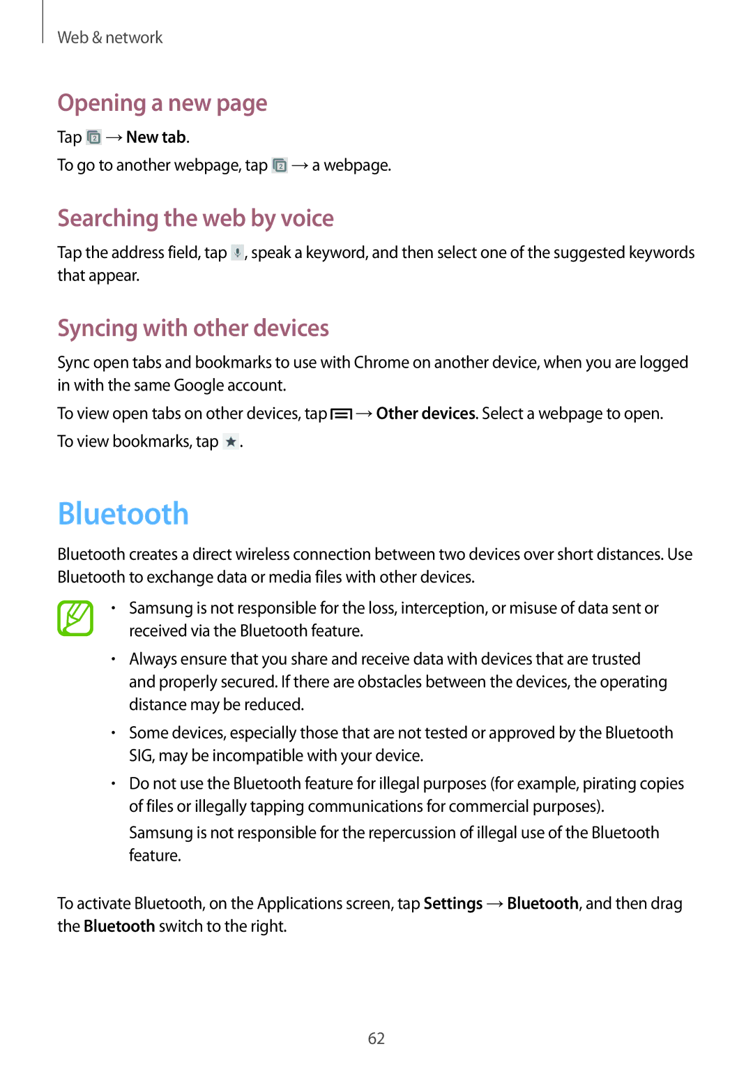 Samsung GT2I8190MBNETL manual Bluetooth, Syncing with other devices, Tap →New tab, To go to another webpage, tap →a webpage 