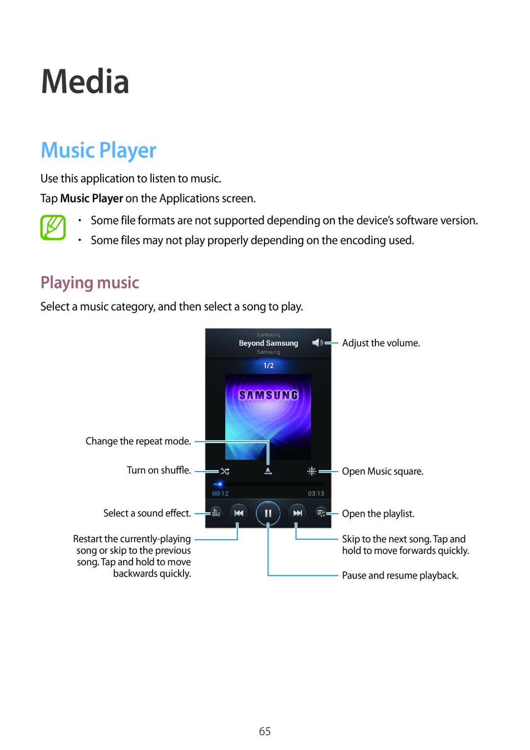 Samsung GT-I8190MBNPTR manual Media, Music Player, Playing music, Select a music category, and then select a song to play 