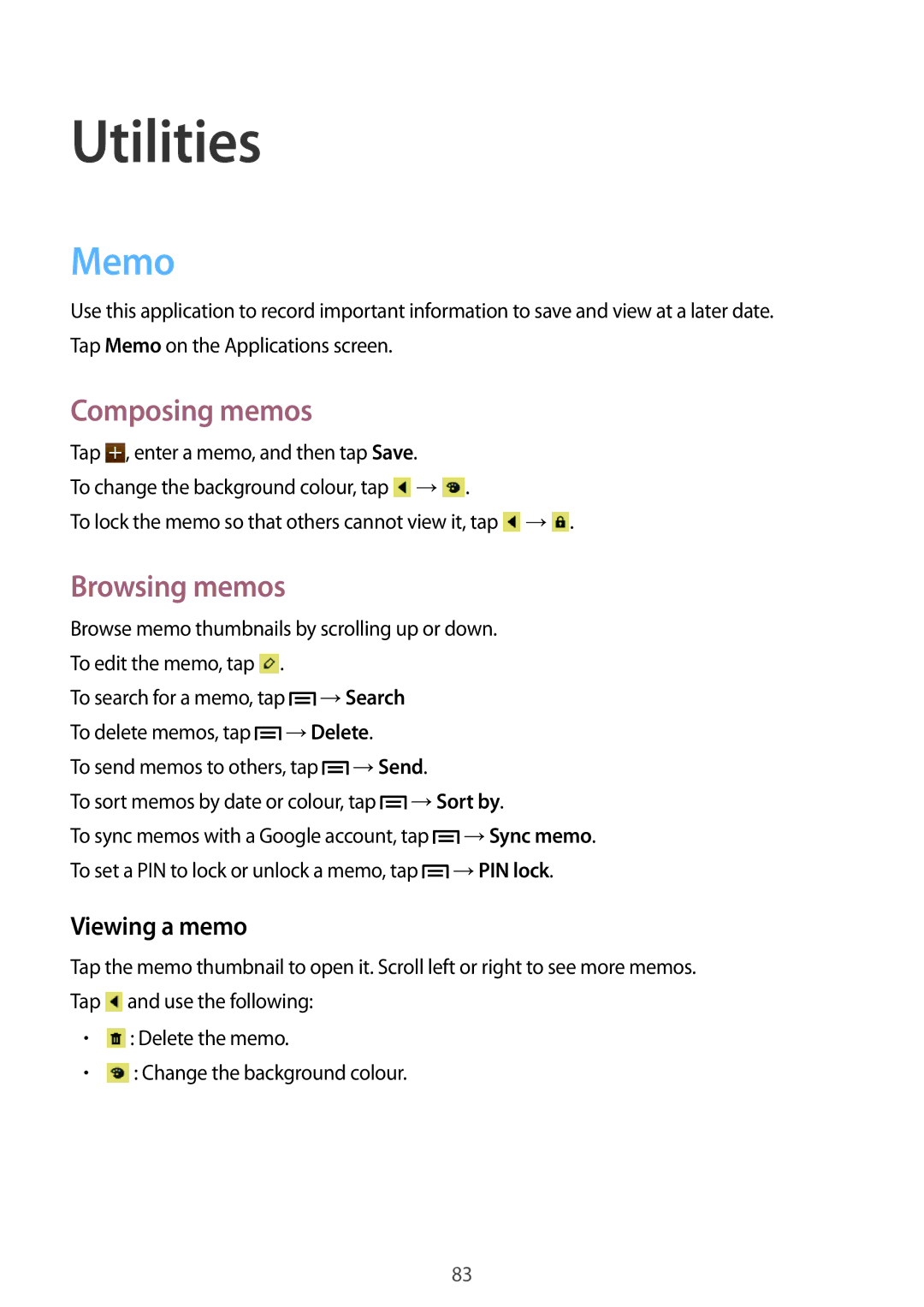 Samsung GT-I8190RWNLPM, GT-I8190RWNDTM, GT-I8190RWNDBT Utilities, Memo, Composing memos, Browsing memos, Viewing a memo 