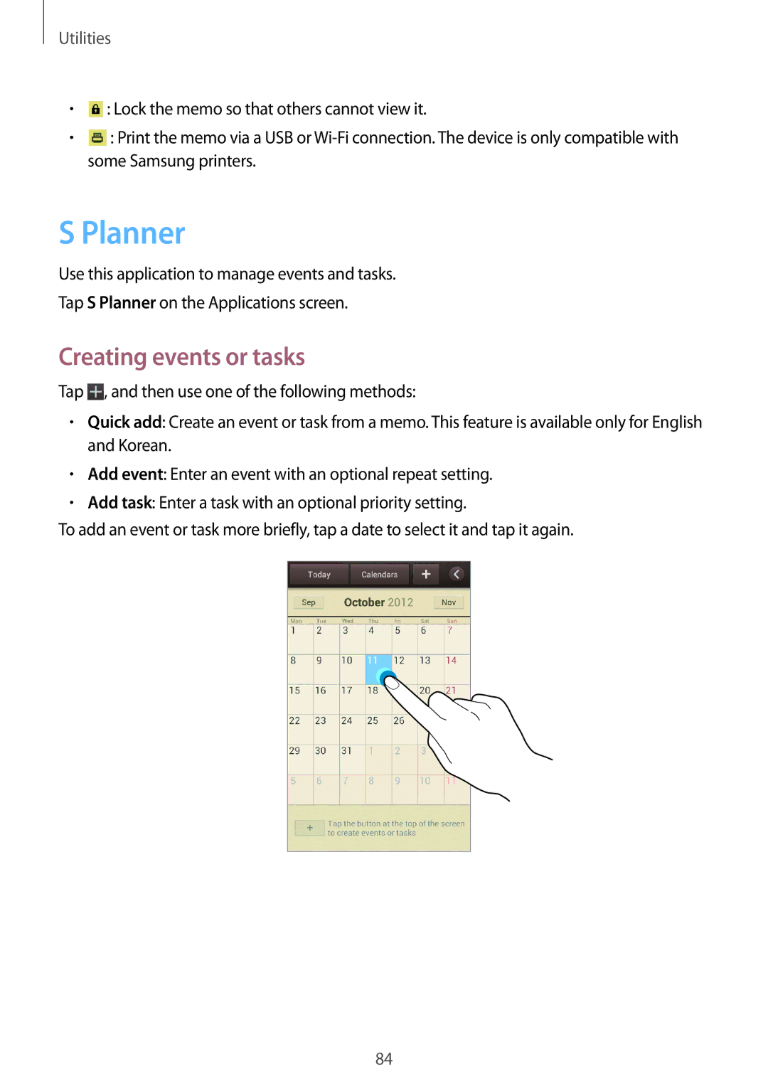 Samsung GT-I8190MBNSFR, GT-I8190RWNDTM, GT-I8190RWNDBT, GT-I8190MBNTPL, GT-I8190TANIDE manual Planner, Creating events or tasks 