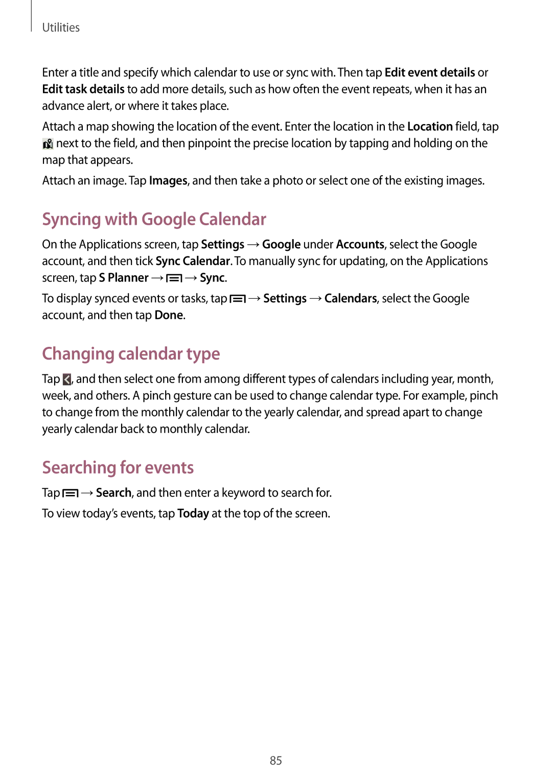 Samsung GT-I8190TANFTM, GT-I8190RWNDTM manual Syncing with Google Calendar, Changing calendar type, Searching for events 