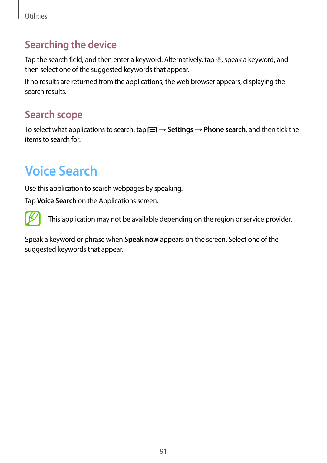 Samsung GT-I8190MBNOMN, GT-I8190RWNDTM, GT-I8190RWNDBT, GT-I8190MBNTPL manual Voice Search, Searching the device, Search scope 