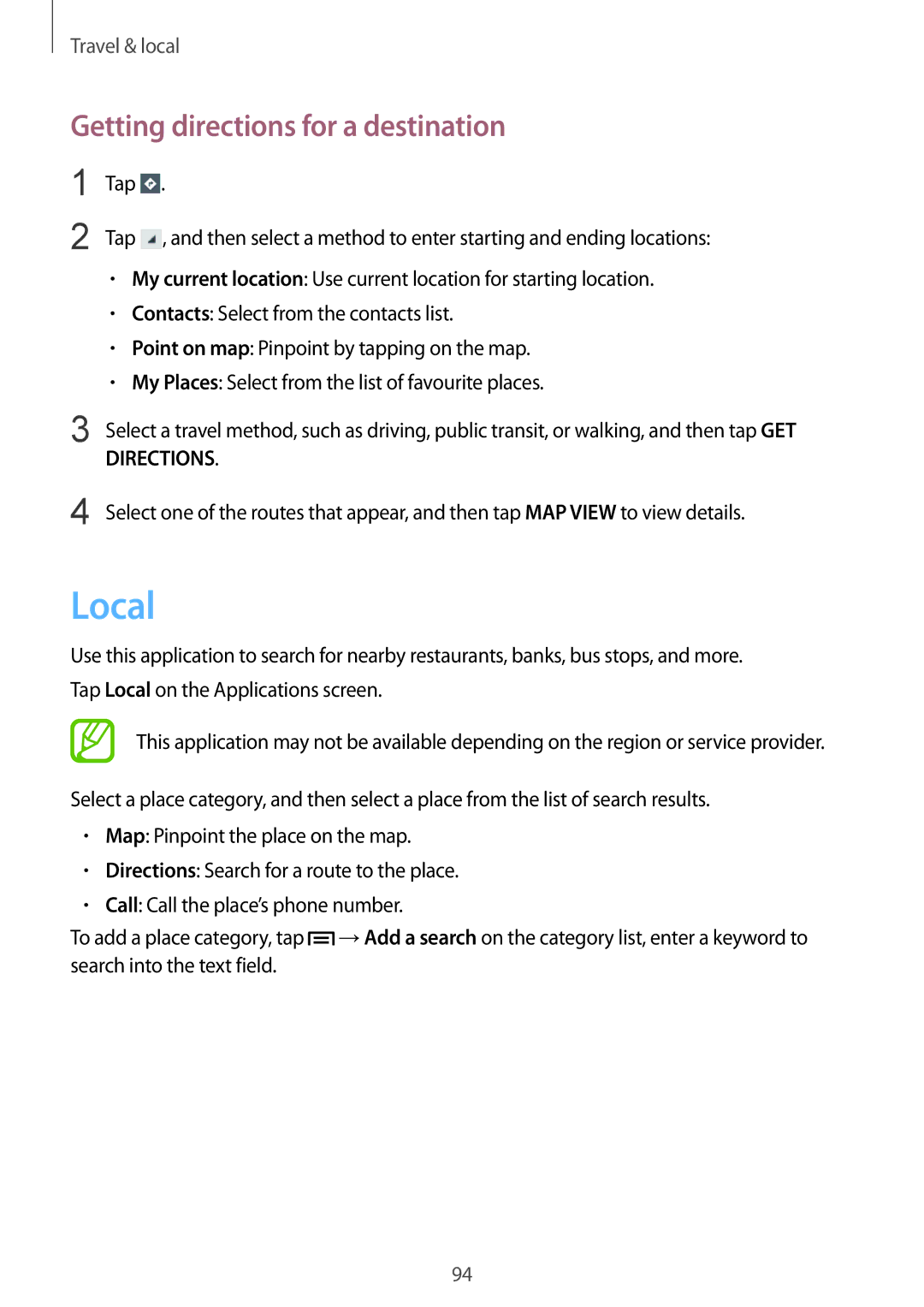 Samsung GT-I8190RWNAMN, GT-I8190RWNDTM, GT-I8190RWNDBT, GT-I8190MBNTPL manual Local, Getting directions for a destination 