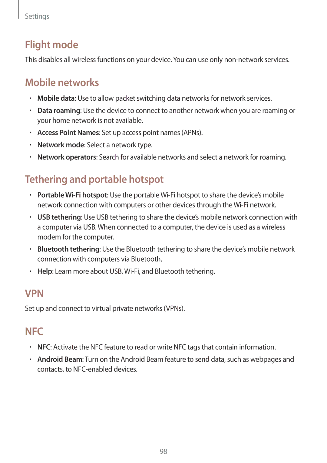 Samsung GT-I8190TANAMN, GT-I8190RWNDTM, GT-I8190RWNDBT manual Flight mode, Mobile networks, Tethering and portable hotspot 