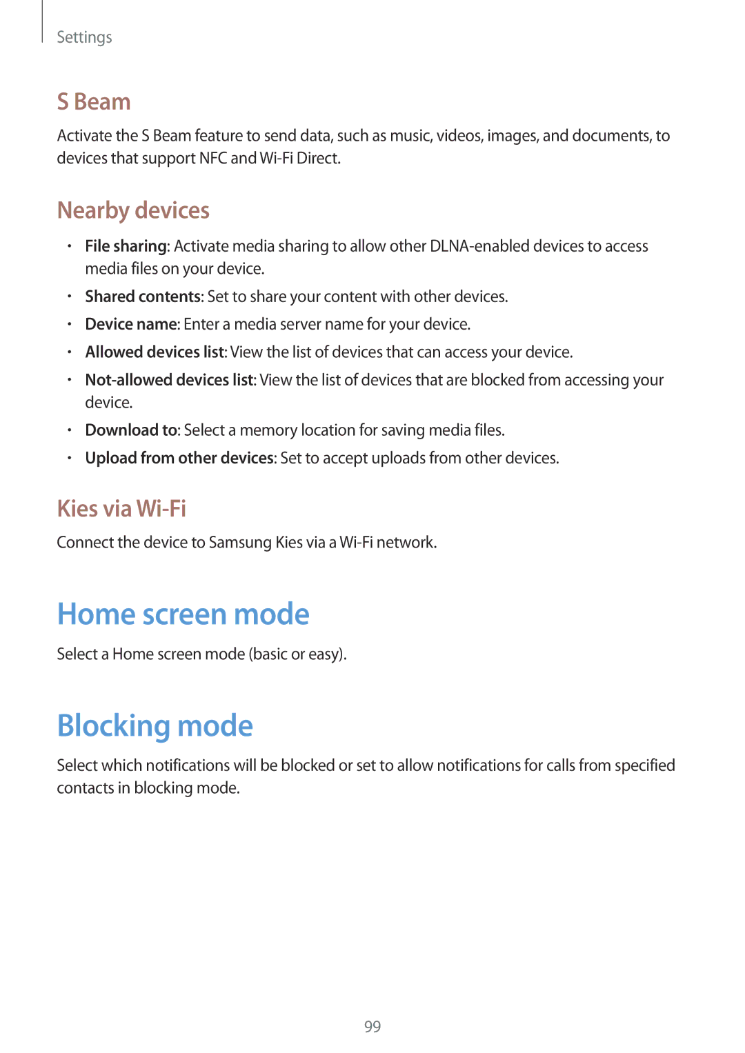 Samsung GT-I8190RWNBTU, GT-I8190RWNDTM manual Home screen mode, Blocking mode, Beam, Nearby devices, Kies via Wi-Fi 