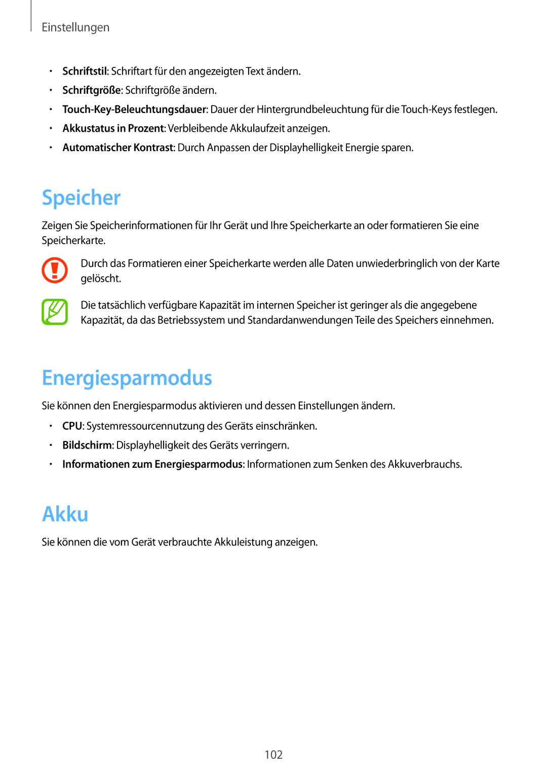 Samsung GT-I8190RWNWIN, GT-I8190RWNDTM, GT-I8190RWNDBT, GT-I8190MBNTPL, GT-I8190TANIDE manual Speicher, Energiesparmodus, Akku 