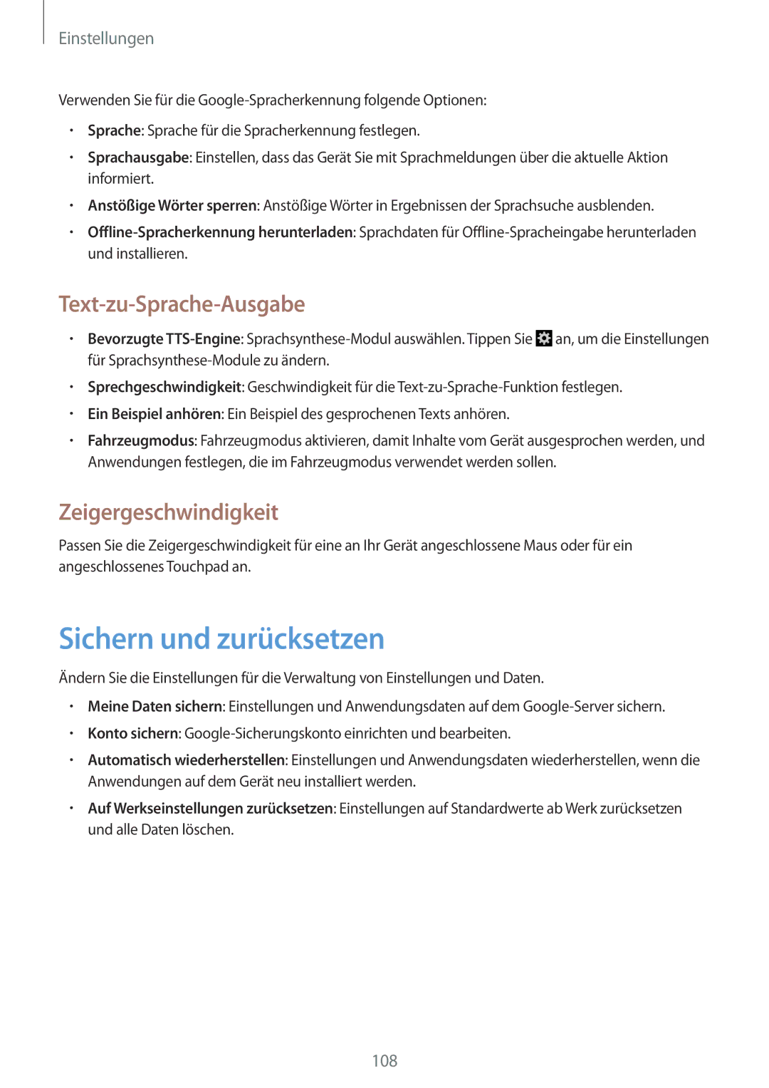 Samsung GT-I8190TANIDE, GT-I8190RWNDTM manual Sichern und zurücksetzen, Text-zu-Sprache-Ausgabe, Zeigergeschwindigkeit 