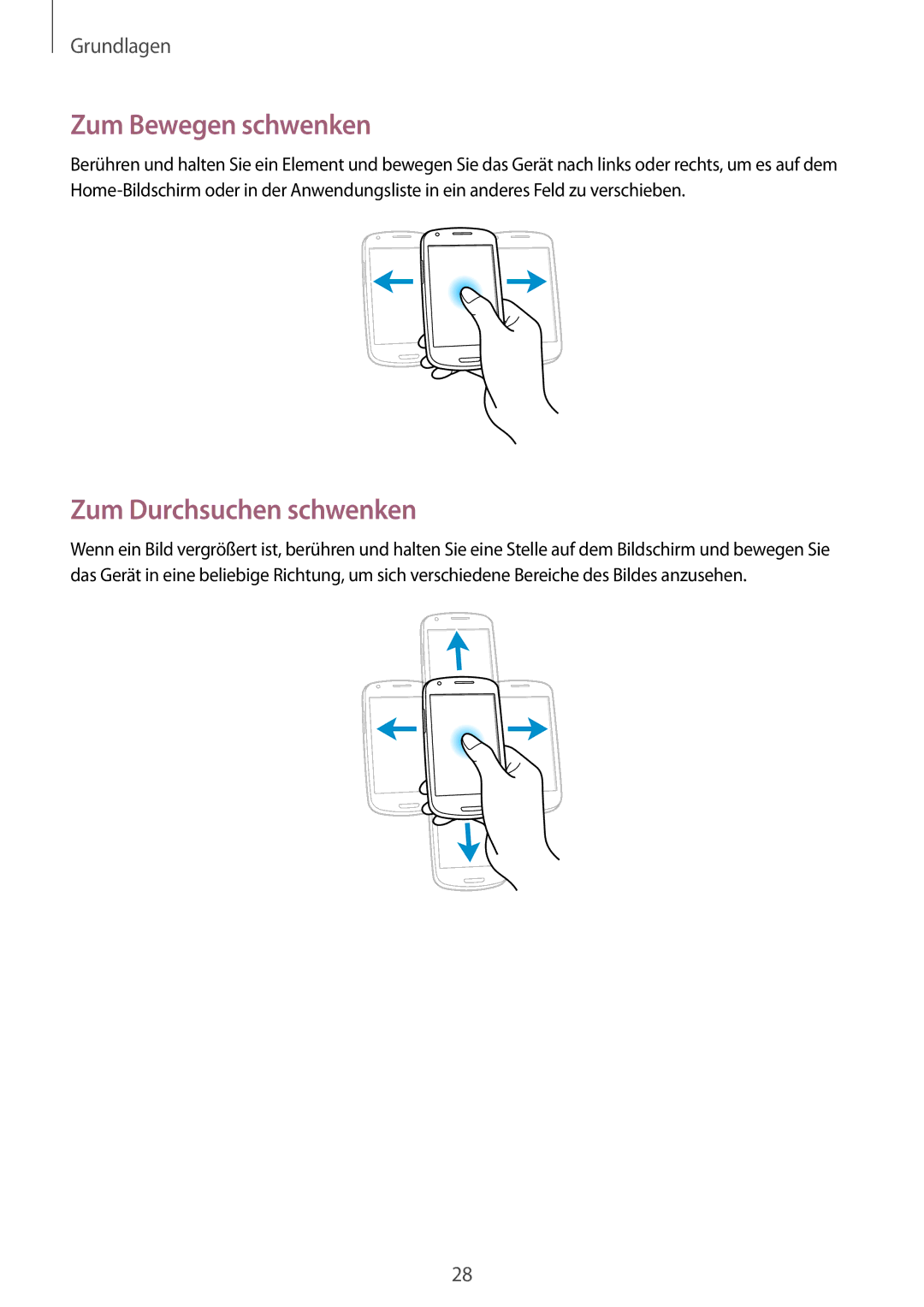 Samsung GT-I8190MBNSFR, GT-I8190RWNDTM, GT-I8190RWNDBT, GT-I8190MBNTPL manual Zum Bewegen schwenken, Zum Durchsuchen schwenken 