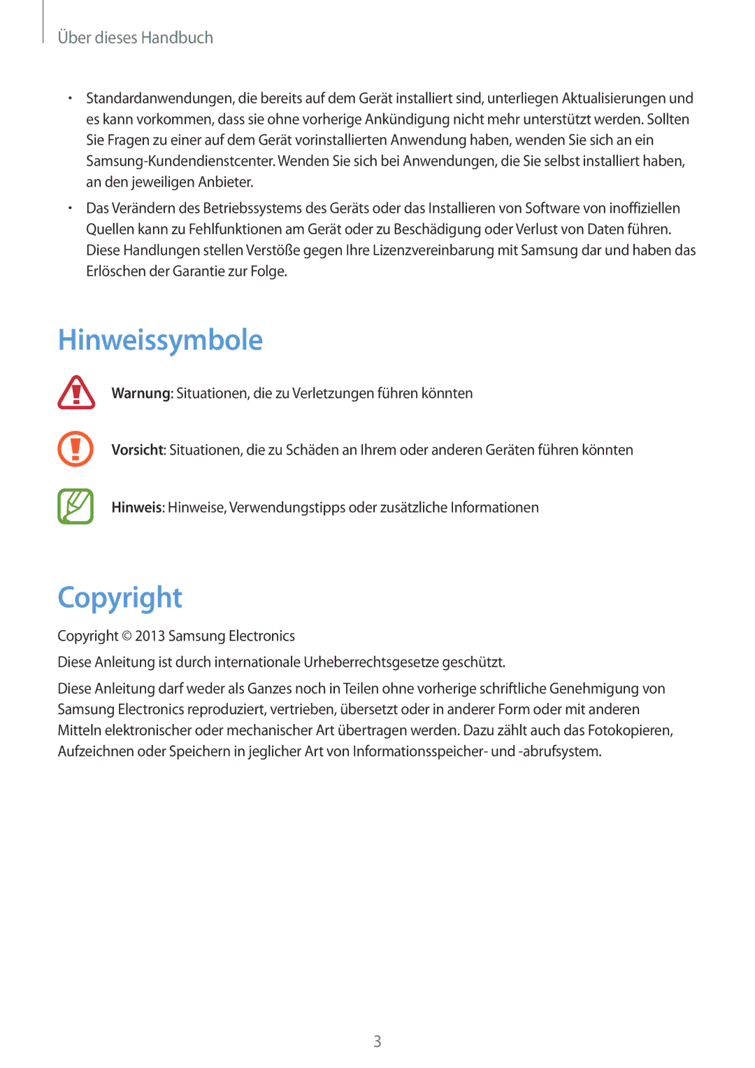 Samsung GT-I8190TANIDE, GT-I8190RWNDTM, GT-I8190RWNDBT, GT-I8190MBNTPL, GT-I8190MBNDBT manual Hinweissymbole, Copyright 