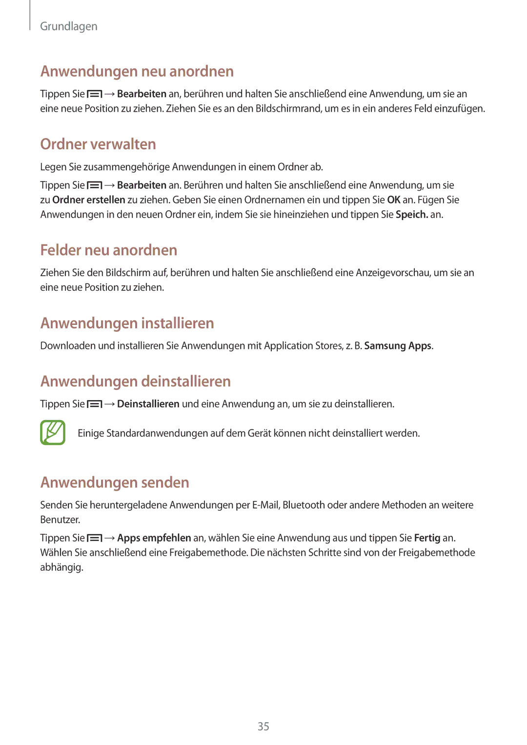 Samsung GT-I8190MBNDTM Anwendungen neu anordnen, Ordner verwalten, Anwendungen installieren, Anwendungen deinstallieren 
