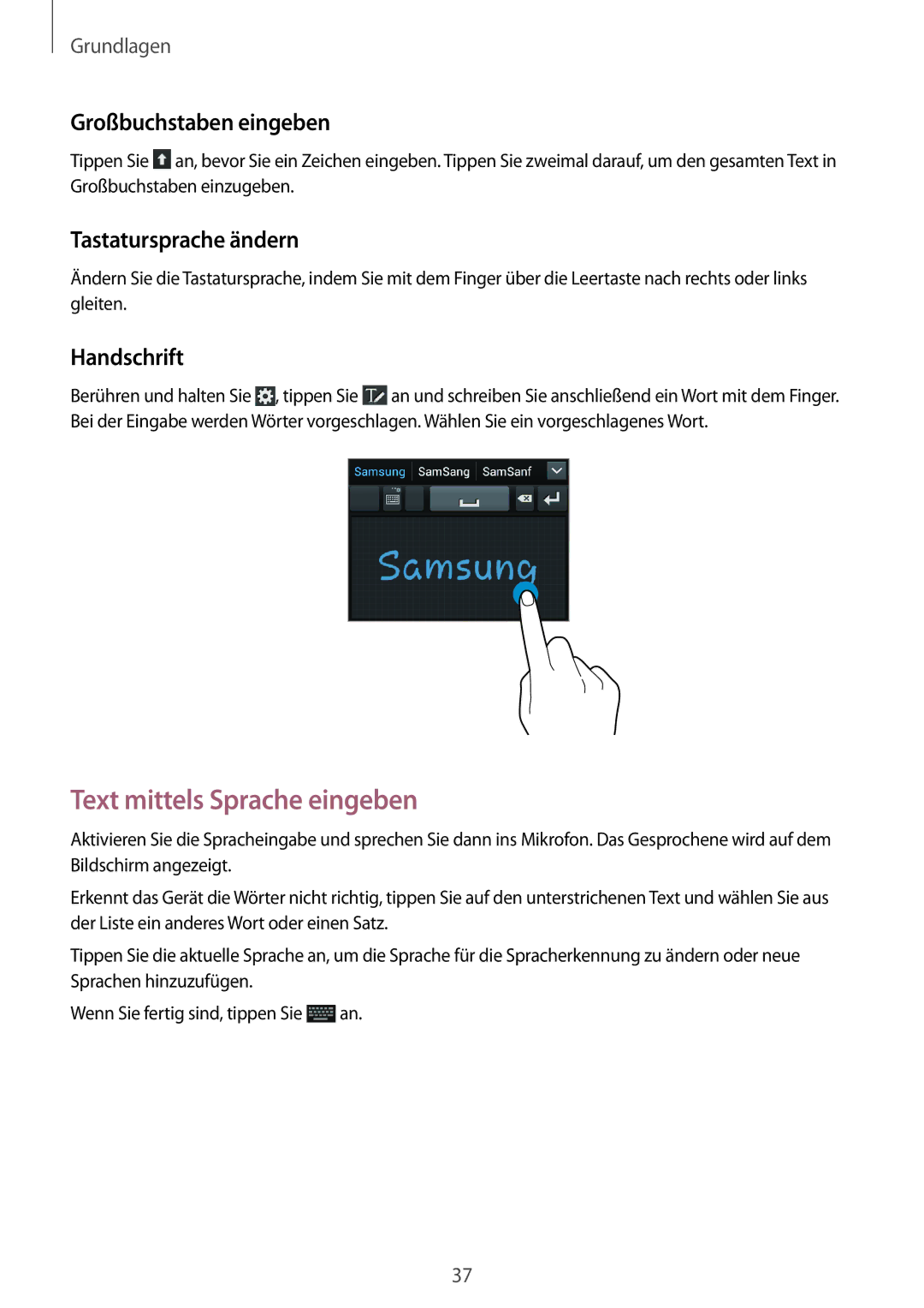 Samsung GT-I8190RWNVIA manual Text mittels Sprache eingeben, Großbuchstaben eingeben, Tastatursprache ändern, Handschrift 