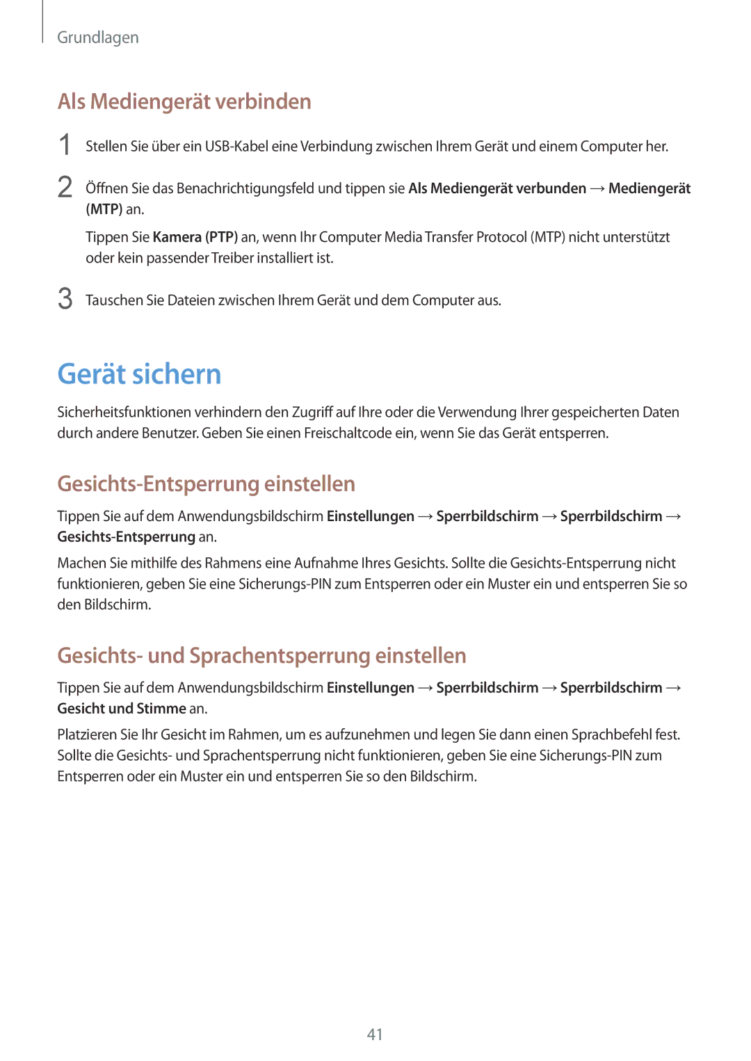 Samsung GT-I8190RWNVIT, GT-I8190RWNDTM manual Gerät sichern, Als Mediengerät verbinden, Gesichts-Entsperrung einstellen 
