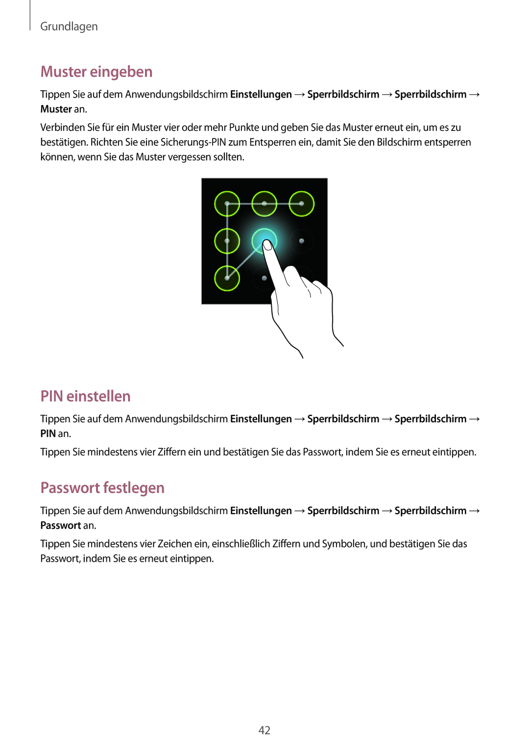 Samsung GT-I8190RWNWIN, GT-I8190RWNDTM, GT-I8190RWNDBT, GT-I8190MBNTPL Muster eingeben, PIN einstellen, Passwort festlegen 