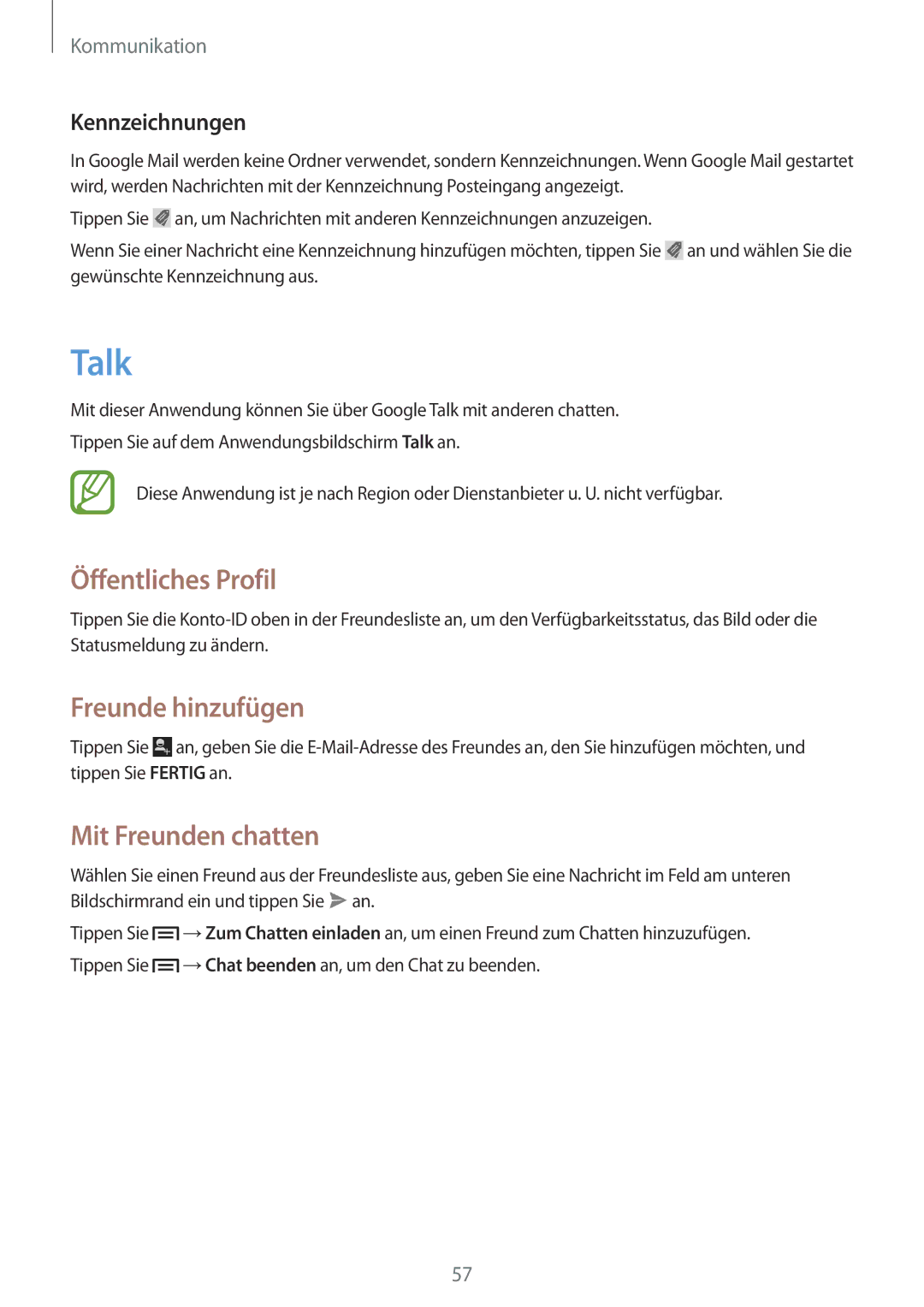 Samsung GT-I8190RWNWIN manual Talk, Öffentliches Profil, Freunde hinzufügen, Mit Freunden chatten, Kennzeichnungen 