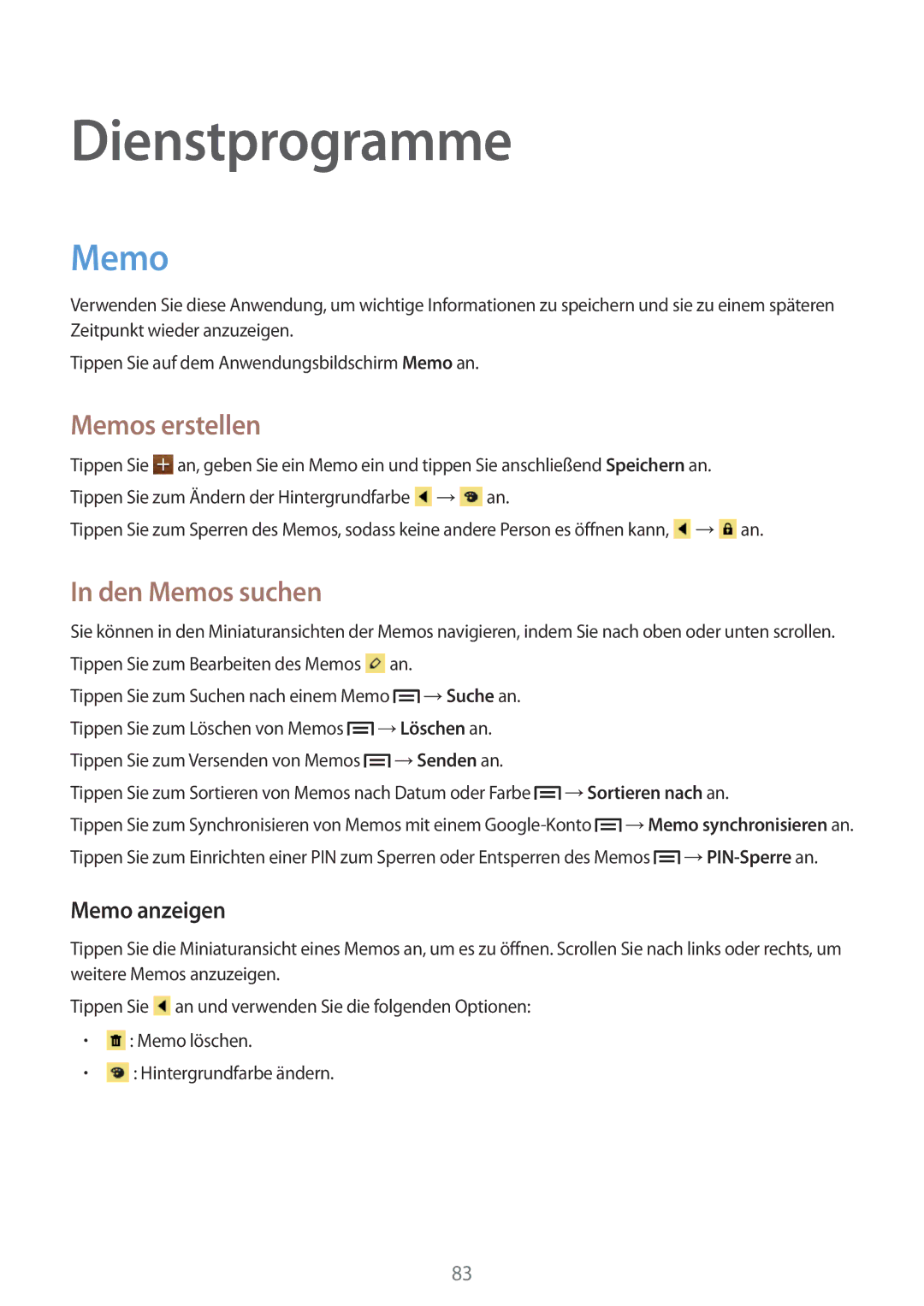 Samsung GT-I8190RWNOMN, GT-I8190RWNDTM manual Dienstprogramme, Memos erstellen, Den Memos suchen, Memo anzeigen 