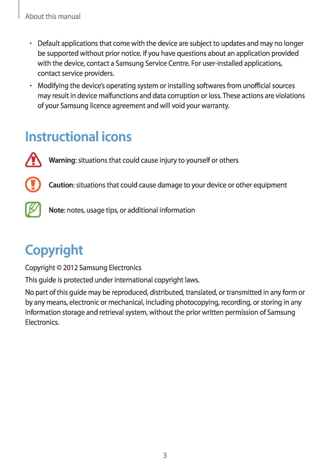 Samsung GT-I8190TANIDE, GT-I8190RWNDTM, GT-I8190RWNDBT, GT-I8190MBNTPL Instructional icons, Copyright, About this manual 