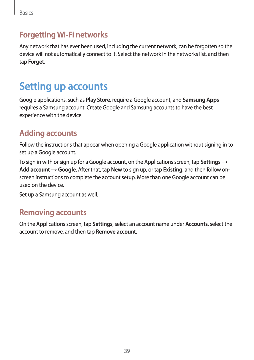 Samsung GT2I8190MBNO2C manual Setting up accounts, Forgetting Wi-Fi networks, Adding accounts, Removing accounts, Basics 