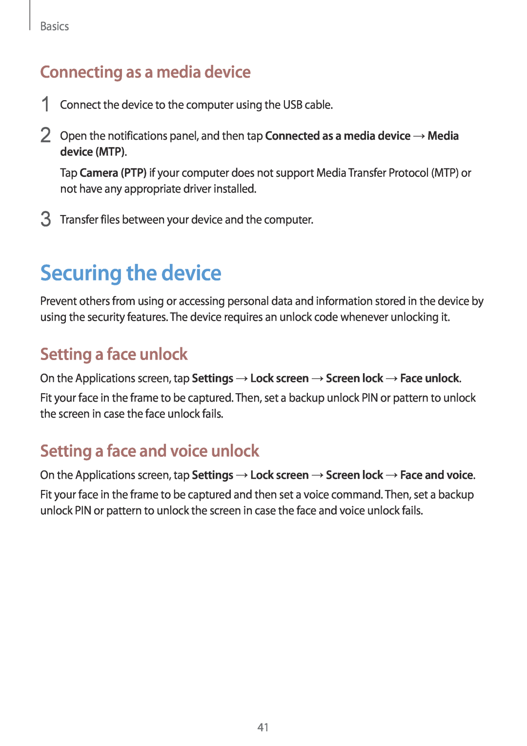 Samsung GT-I8190GRNTMZ manual Securing the device, Connecting as a media device, Setting a face unlock, device MTP, Basics 