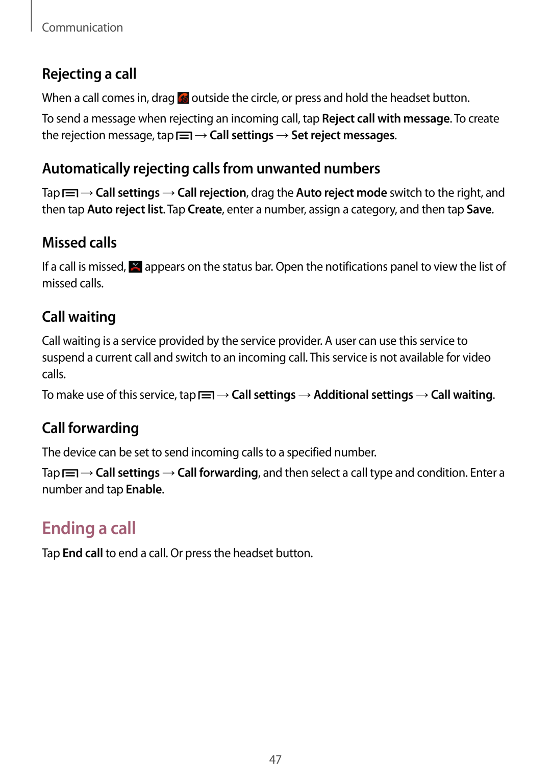Samsung GT-I8190RWNETL Ending a call, Rejecting a call, Automatically rejecting calls from unwanted numbers, Missed calls 