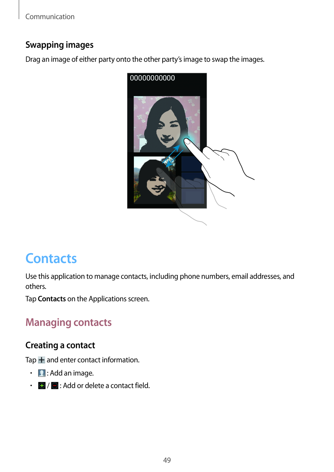 Samsung GT-I8190TANORS, GT-I8190RWNDTM Contacts, Managing contacts, Swapping images, Creating a contact, Communication 