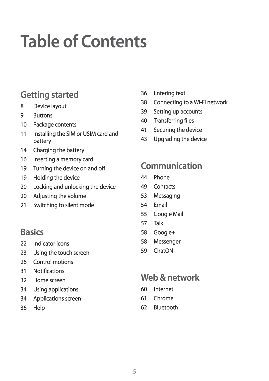 Samsung GT-I8190MBNDTM, GT-I8190RWNDTM manual Table of Contents, Getting started, Basics, Communication, Web & network 