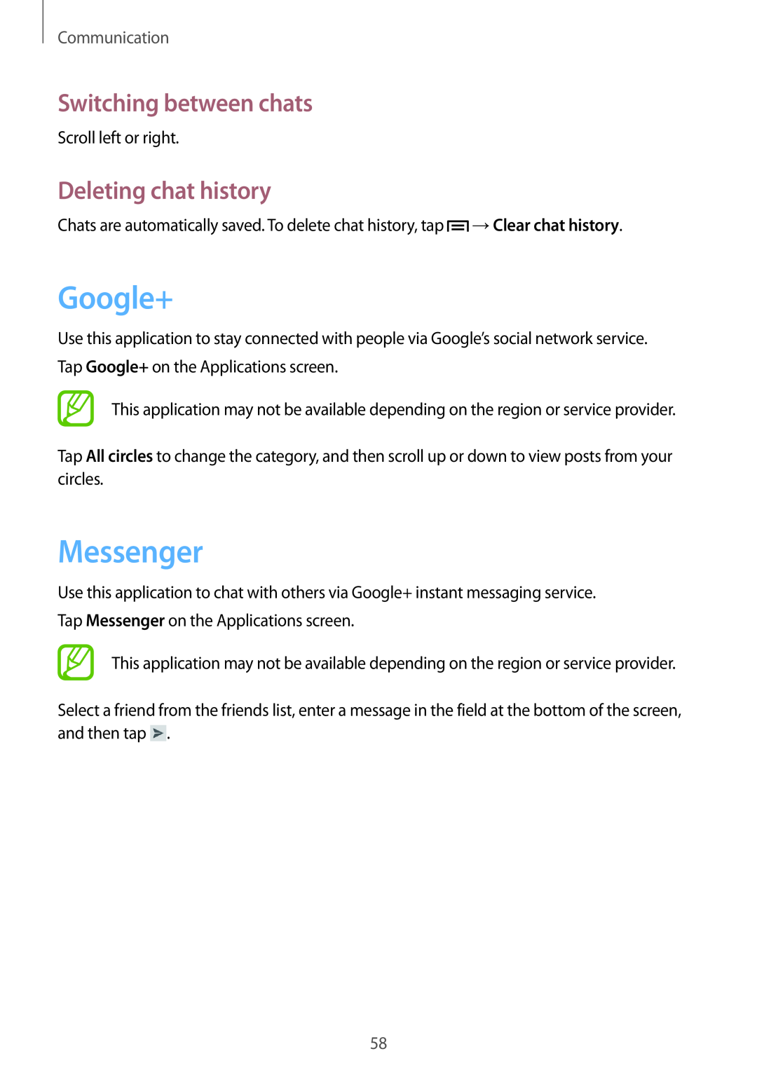Samsung GT-I8190RWNO2C, GT-I8190RWNDTM Google+, Messenger, Switching between chats, Deleting chat history, Communication 