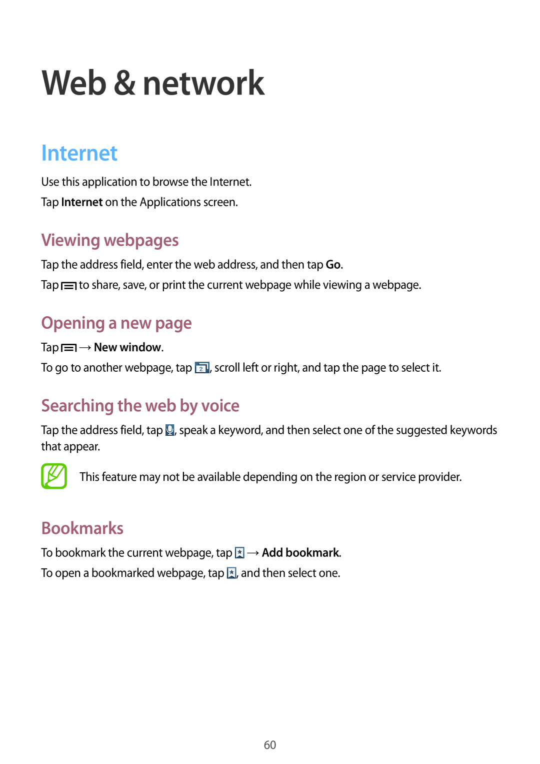 Samsung GT2I8190RWNETL manual Web & network, Internet, Viewing webpages, Opening a new page, Searching the web by voice 