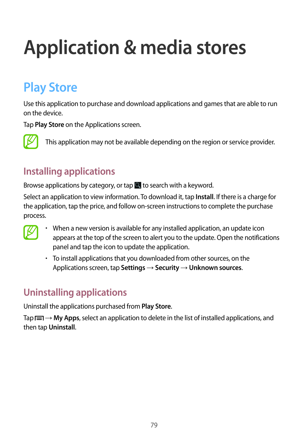Samsung GT-I8190ZWWDBT manual Application & media stores, Play Store, Installing applications, Uninstalling applications 